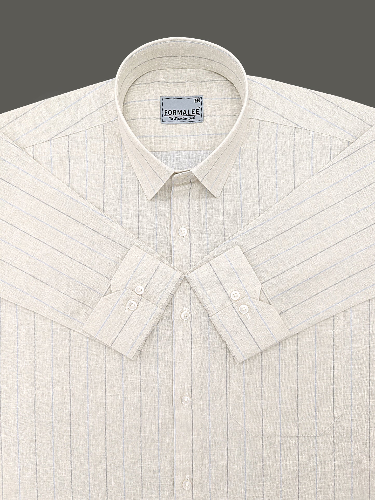 Premium Linen Cotton Blue With Grey Line On Cream Formal Shirt For Men