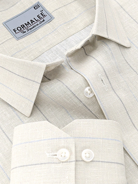 Premium Linen Cotton Blue With Grey Line On Cream Formal Shirt For Men