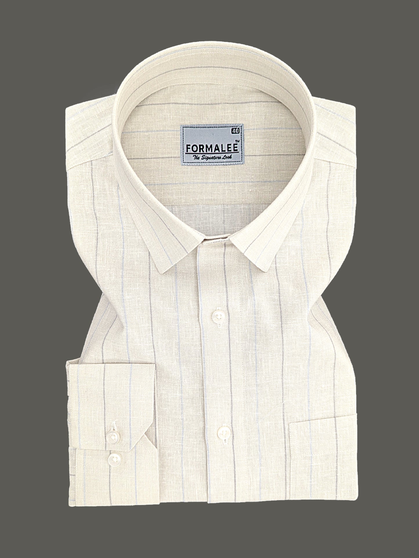Premium Linen Cotton Blue With Grey Line On Cream Formal Shirt For Men