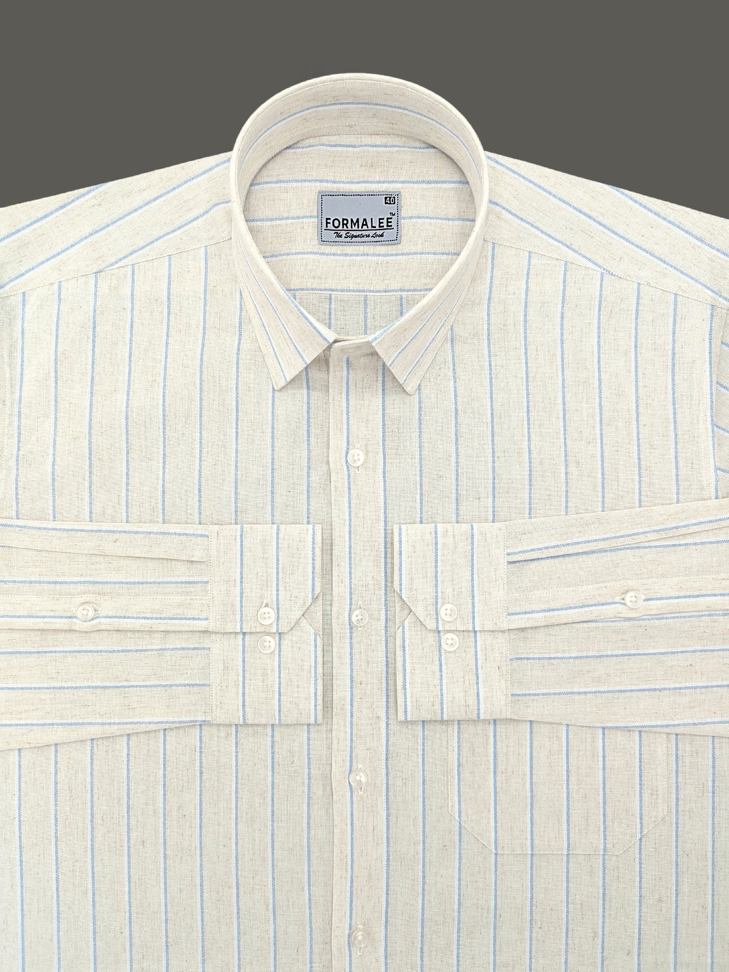 Imperial Luxurious Linen Cotton Bluish Line On Cream Formal Shirt
