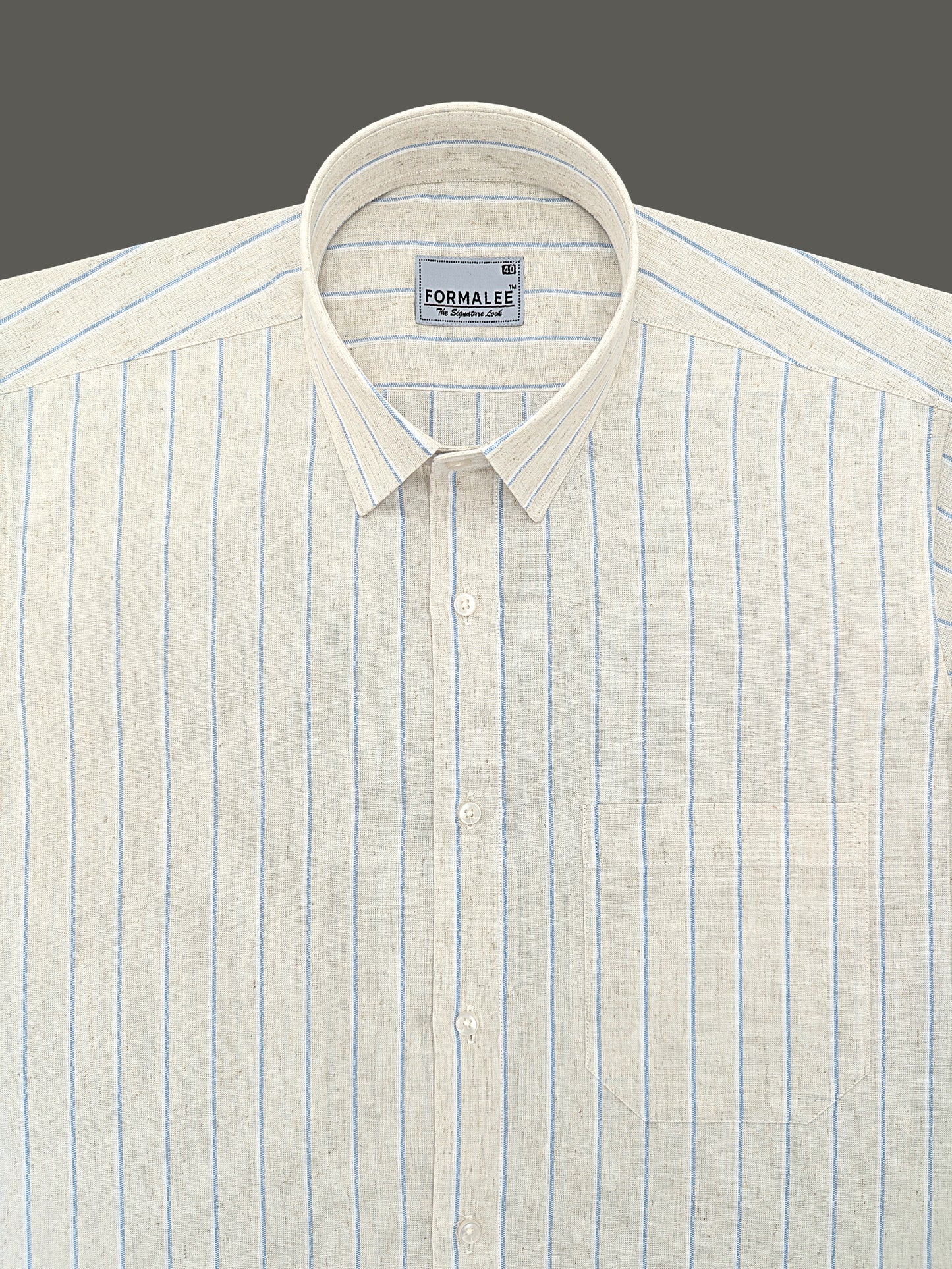 Imperial Luxurious Linen Cotton Bluish Line On Cream Formal Shirt