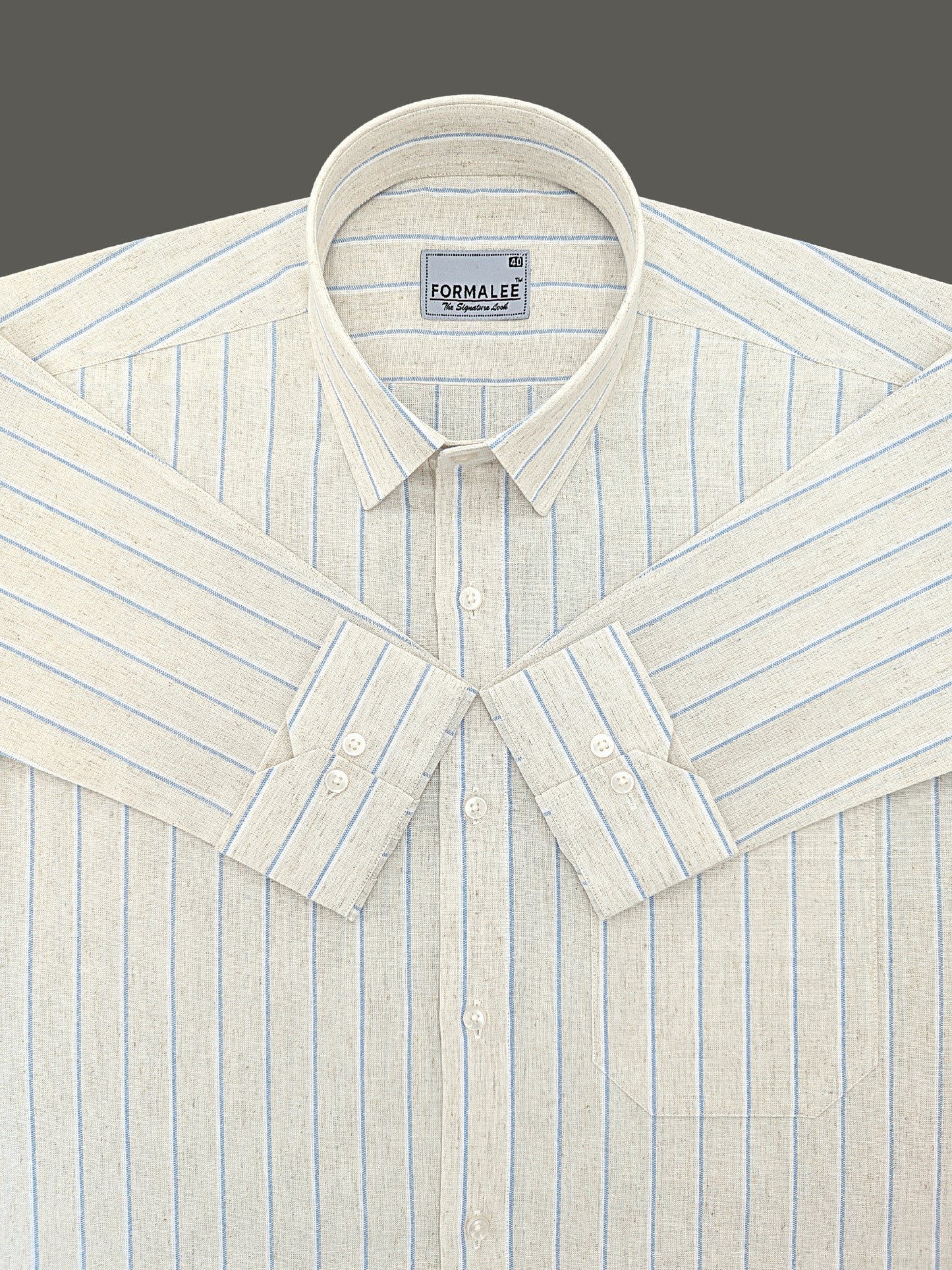 Imperial Luxurious Linen Cotton Bluish Line On Cream Formal Shirt