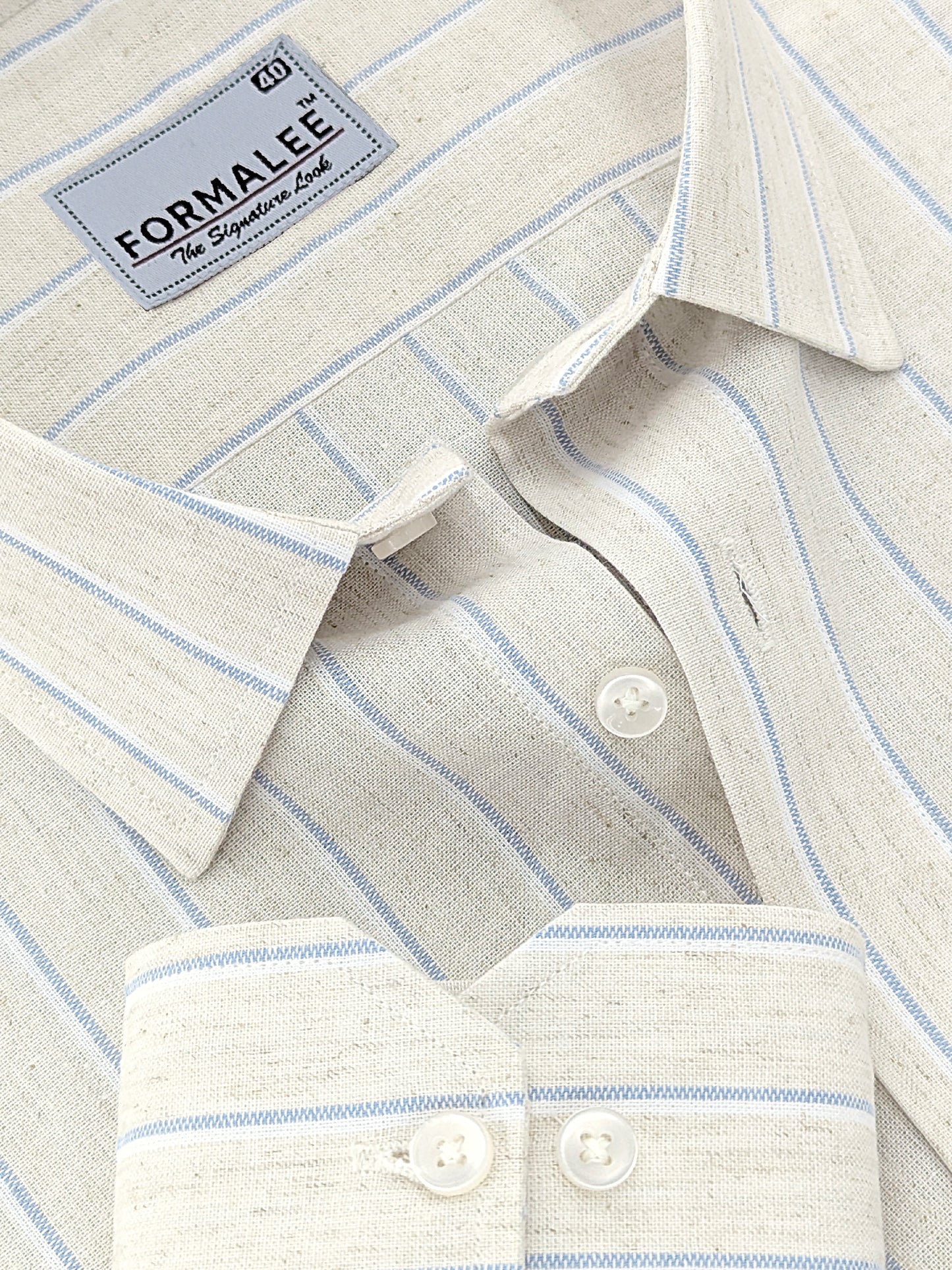 Imperial Luxurious Linen Cotton Bluish Line On Cream Formal Shirt