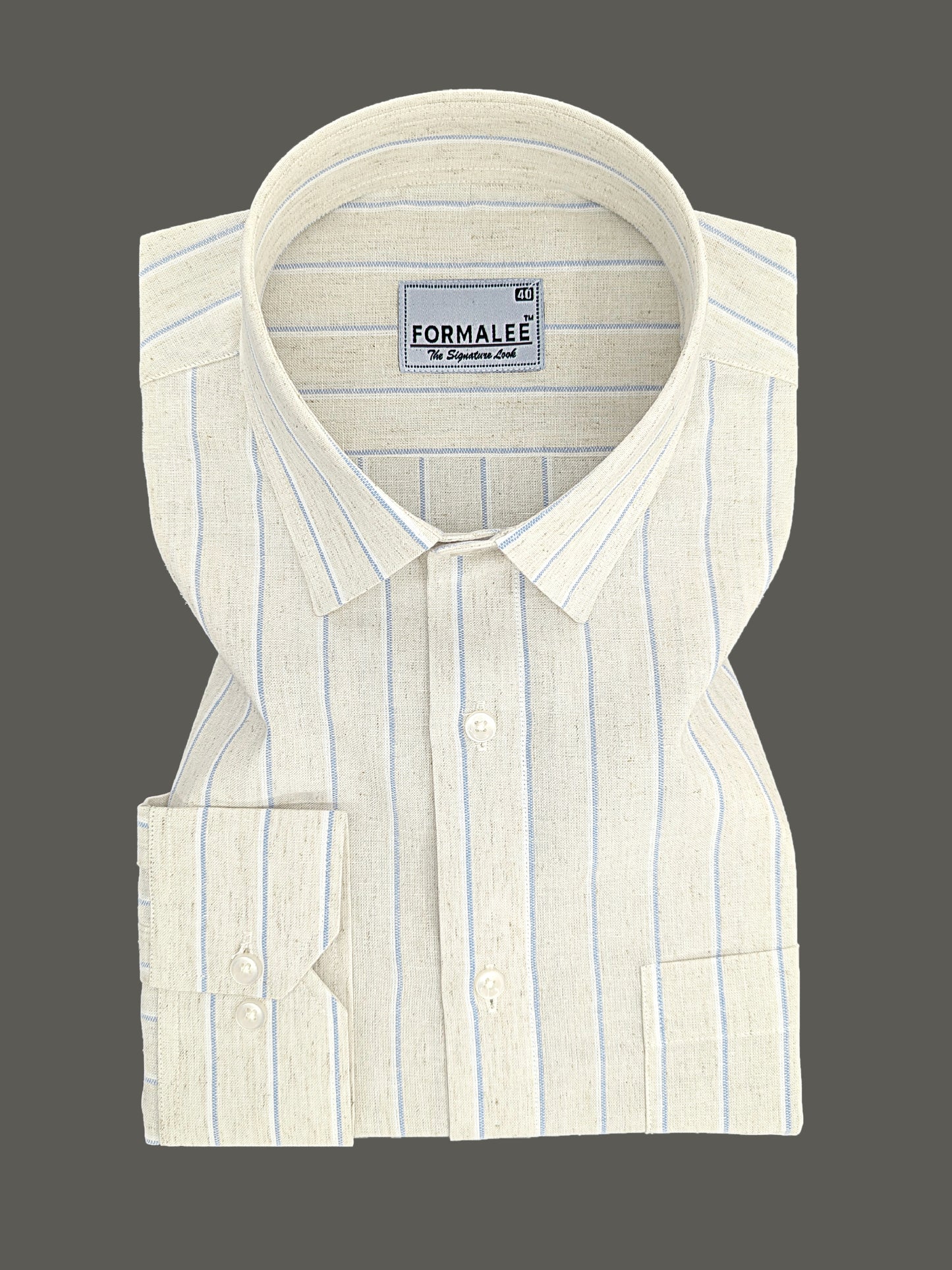 Imperial Luxurious Linen Cotton Bluish Line On Cream Formal Shirt