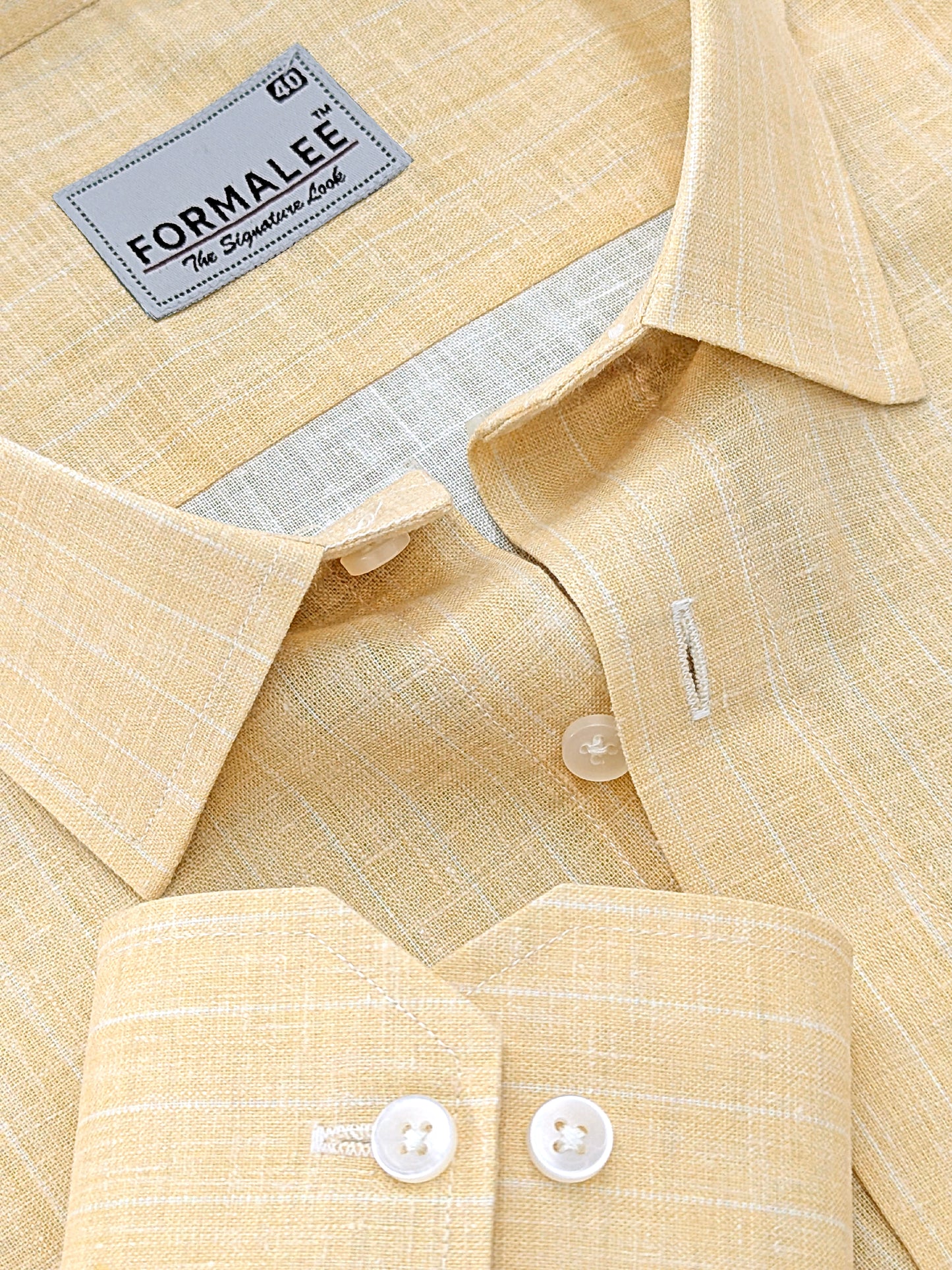 Luxurious Linen Cotton White Line On Yellow Formal Shirt