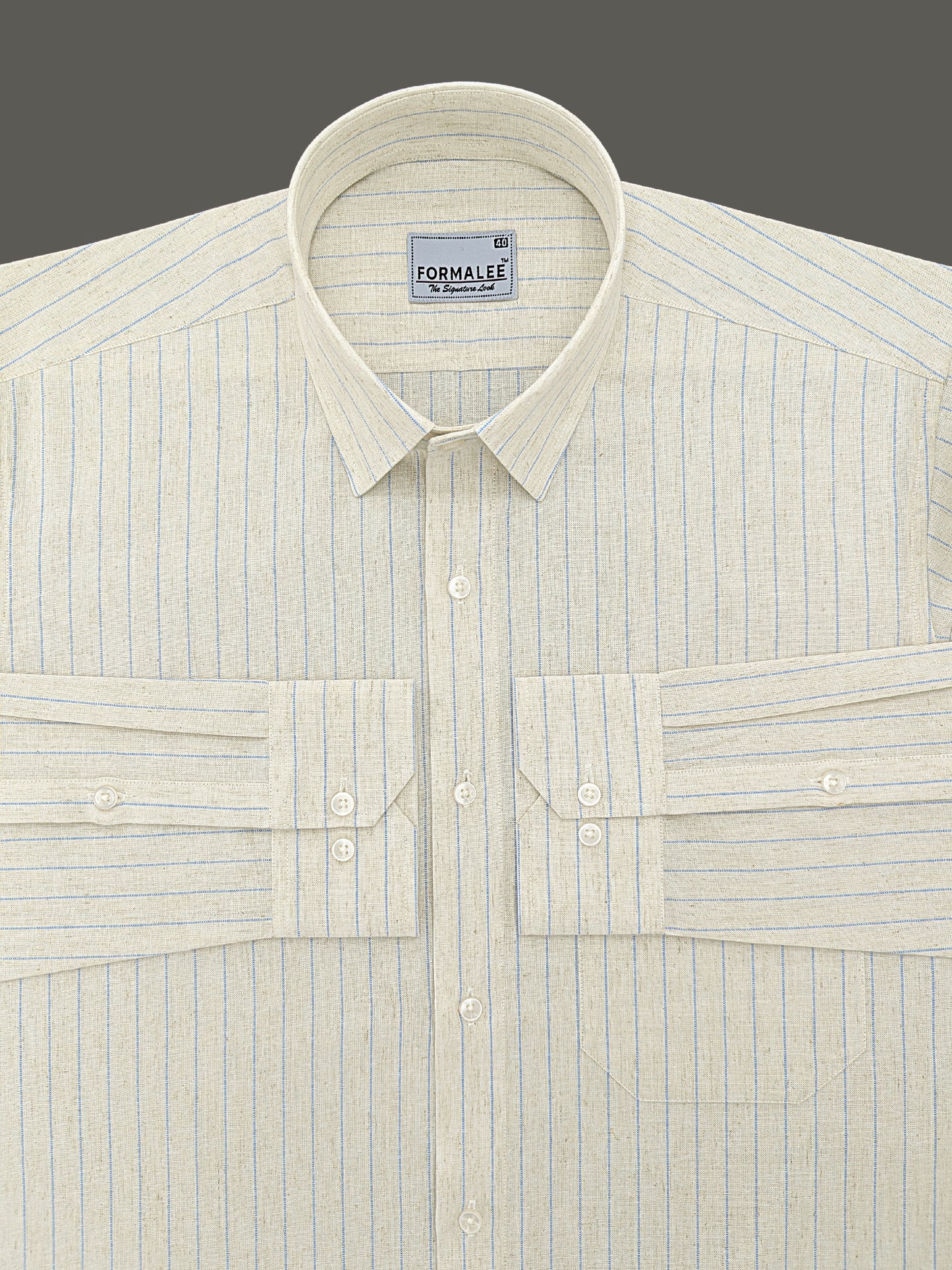 Imperial Luxurious Linen Cotton Blue Dotted Line On Cream Formal Shirt