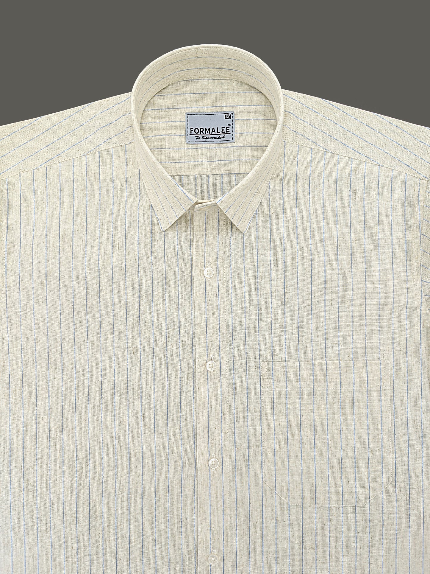 Imperial Luxurious Linen Cotton Blue Dotted Line On Cream Formal Shirt