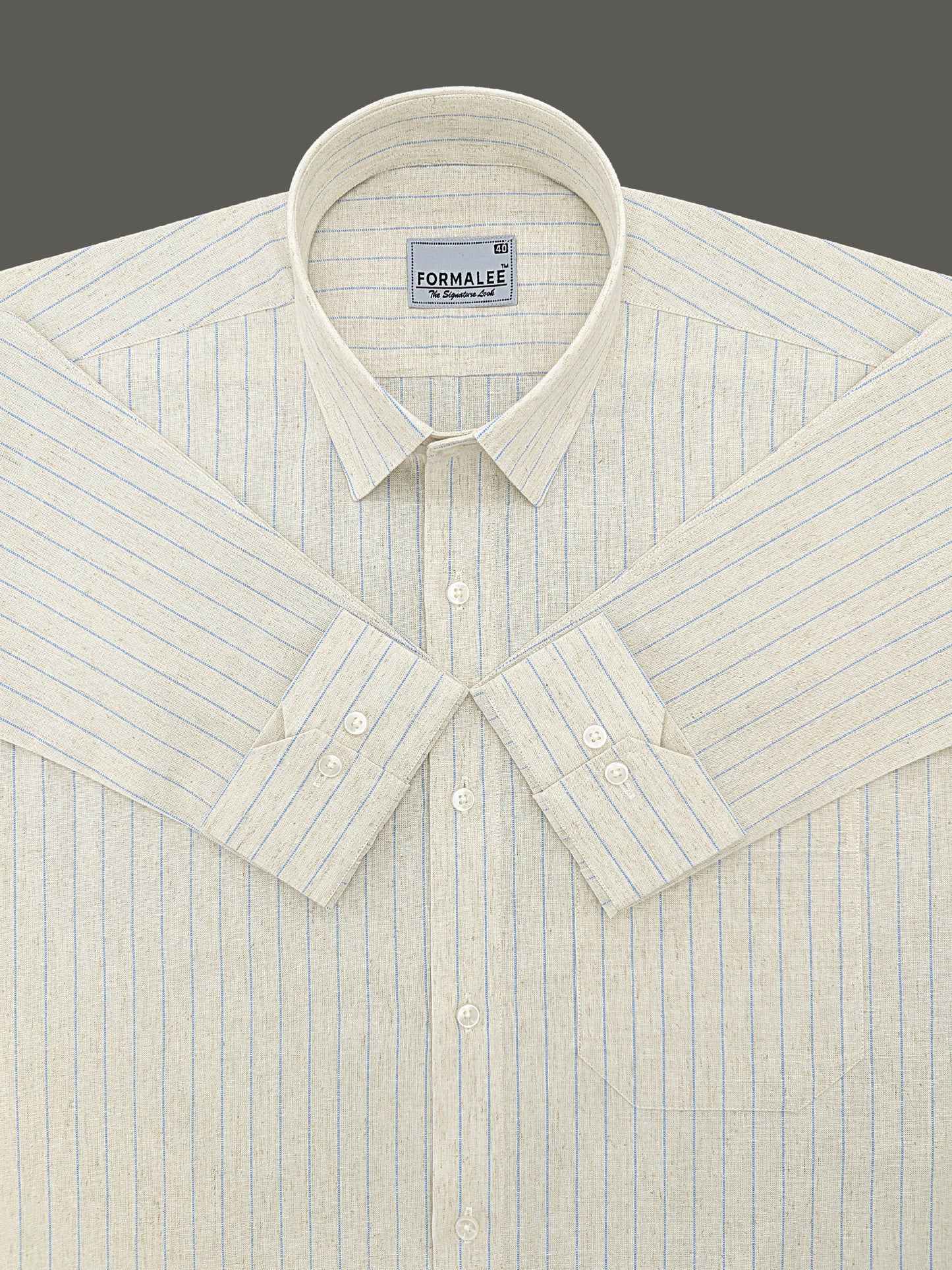Imperial Luxurious Linen Cotton Blue Dotted Line On Cream Formal Shirt