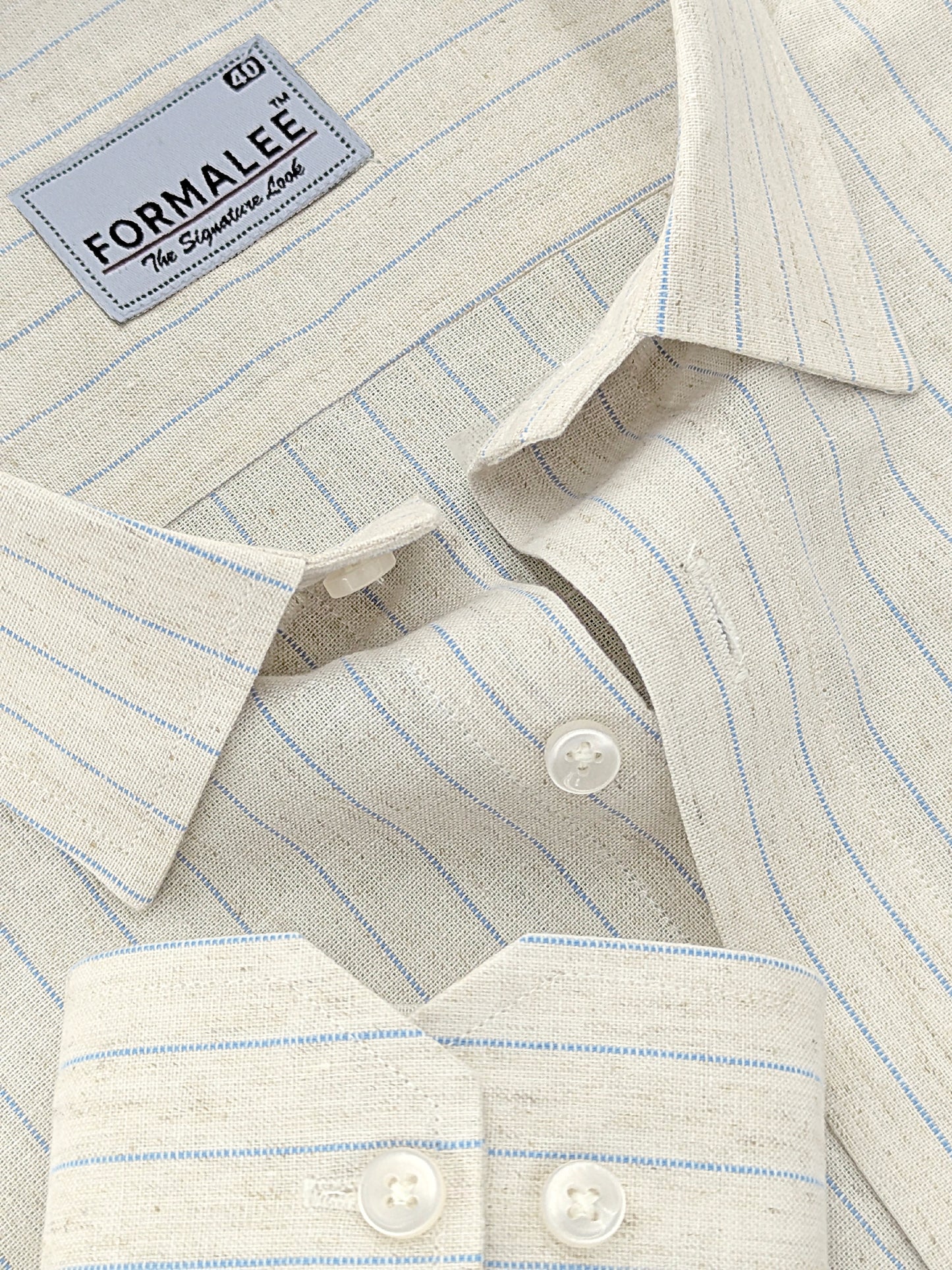Imperial Luxurious Linen Cotton Blue Dotted Line On Cream Formal Shirt