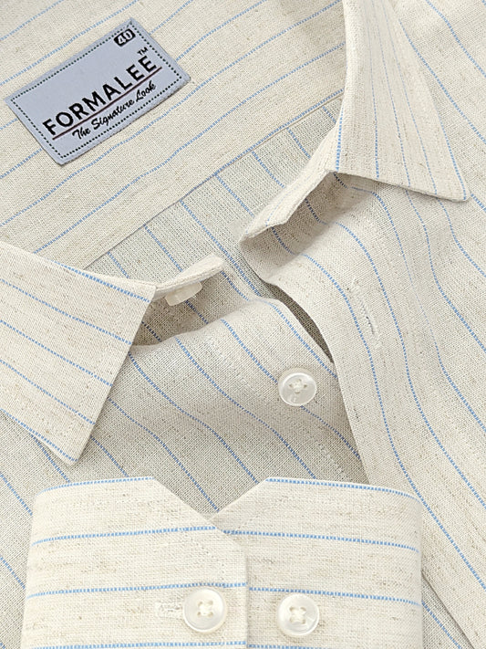 Imperial Luxurious Linen Cotton Blue Dotted Line On Cream Formal Shirt