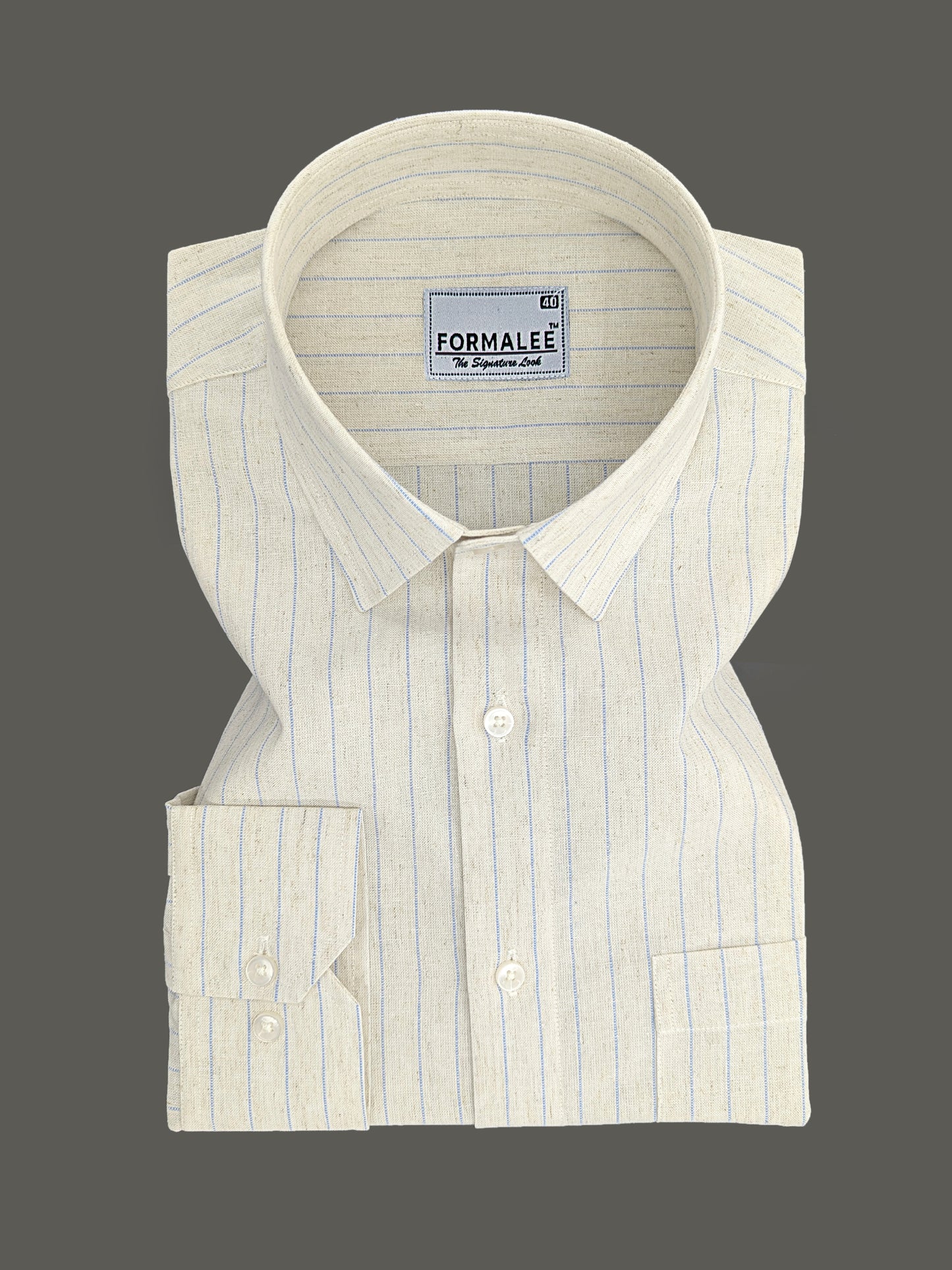 Imperial Luxurious Linen Cotton Blue Dotted Line On Cream Formal Shirt