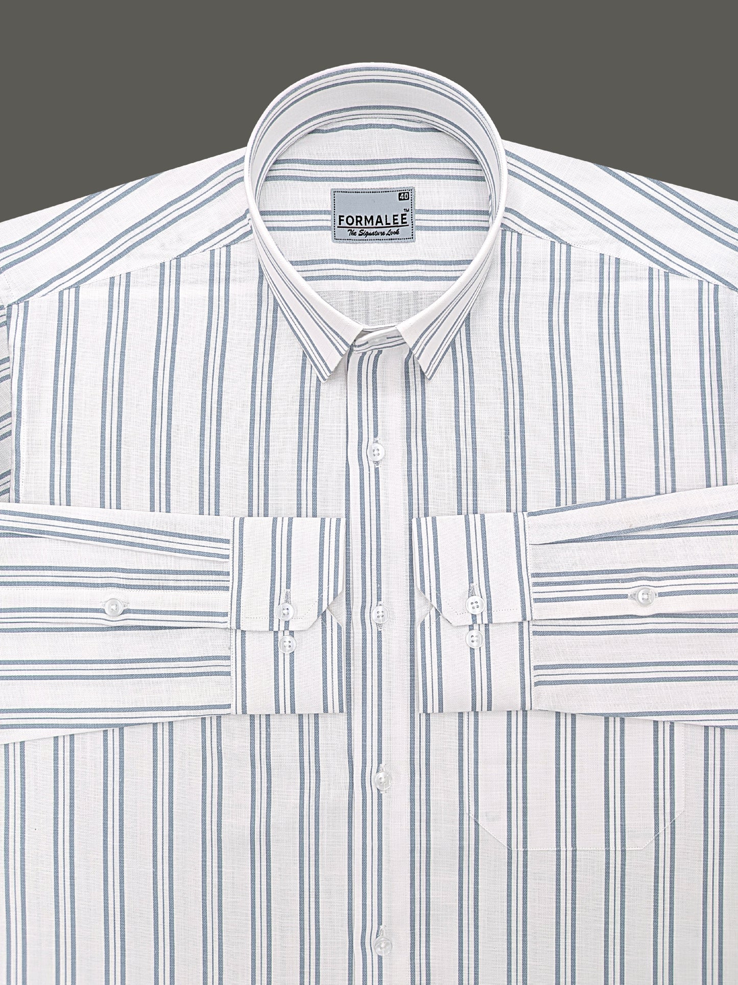Regalia Premium Linen Cotton Silver Blue Line On White Formal Shirt
