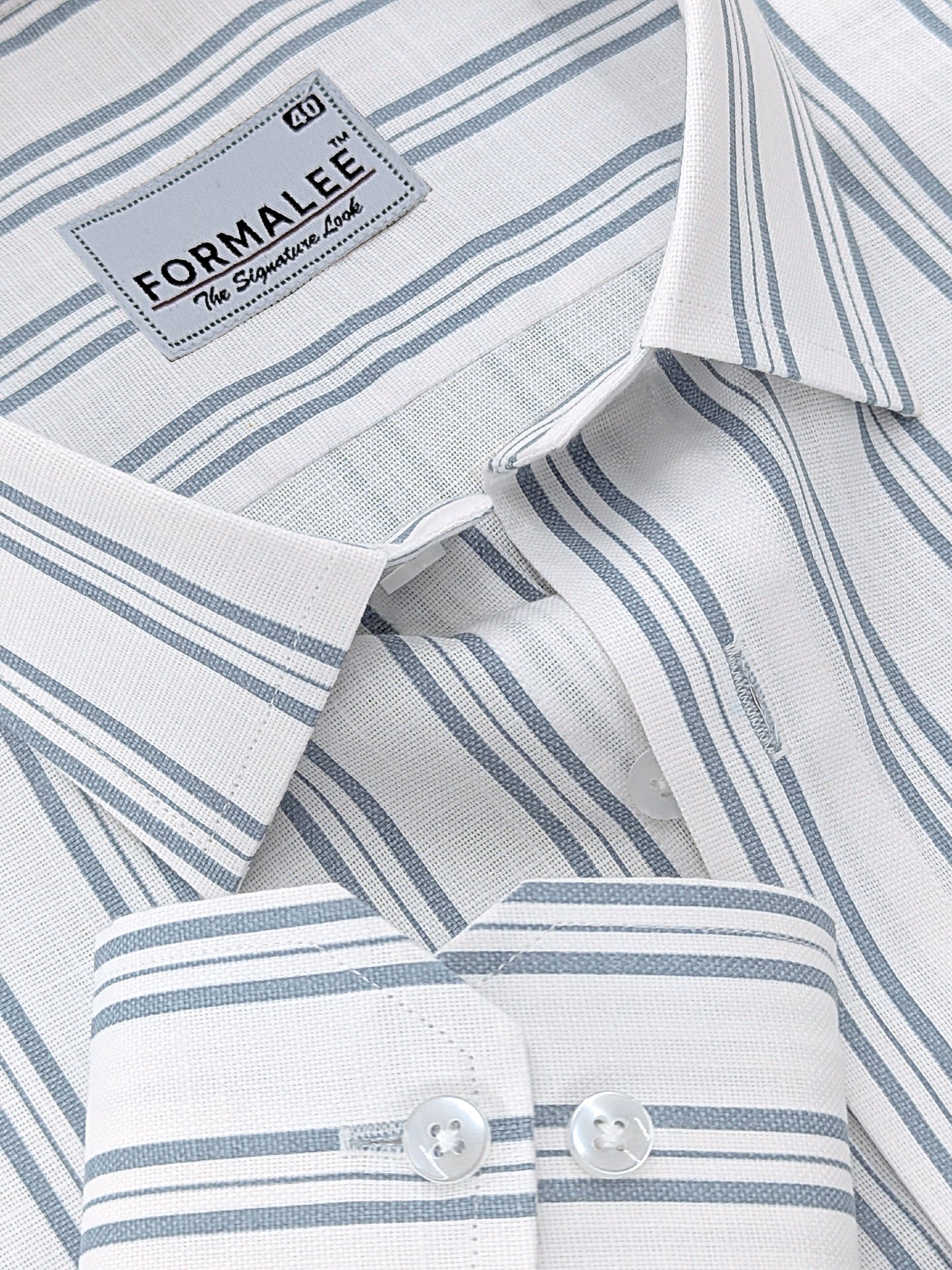 Regalia Premium Linen Cotton Silver Blue Line On White Formal Shirt