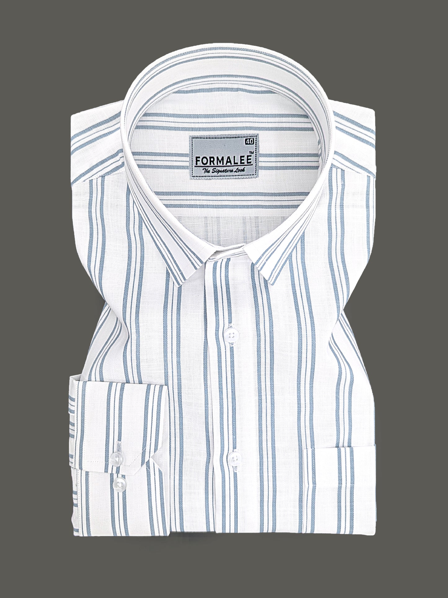 Regalia Premium Linen Cotton Silver Blue Line On White Formal Shirt