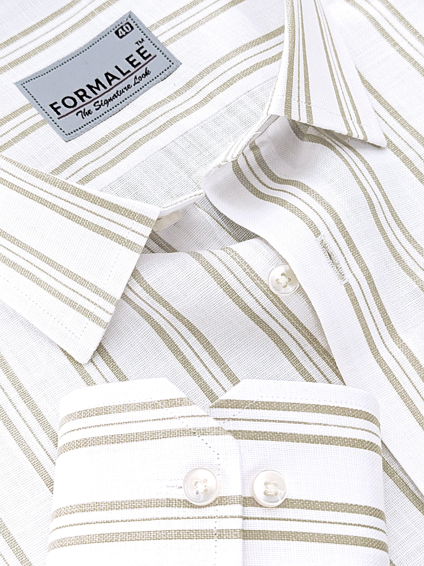 Regalia Premium Linen Cotton Neutral Green Line On White Formal Shirt