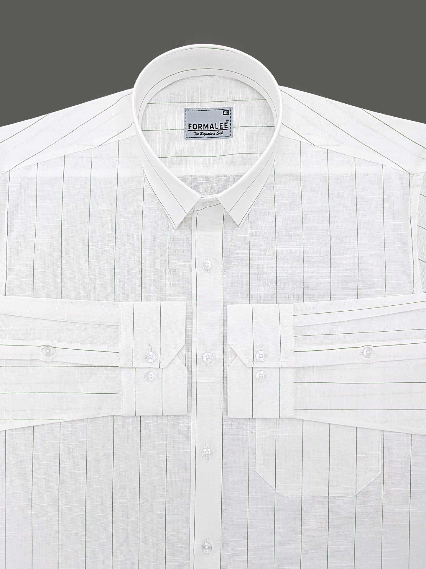 Valmont Premium Linen Cotton Dark Green Line On White Formal Shirt
