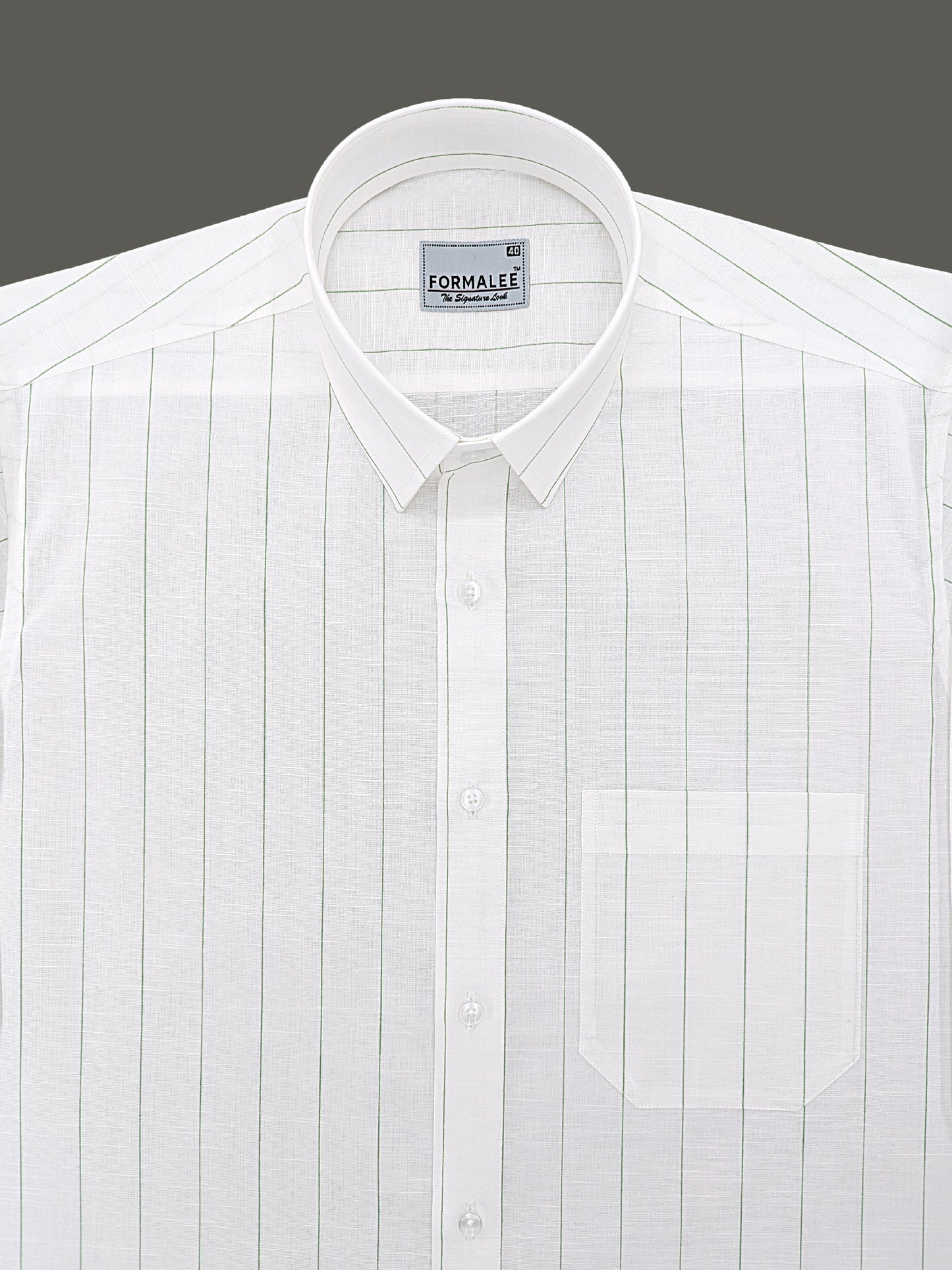 Valmont Premium Linen Cotton Dark Green Line On White Formal Shirt