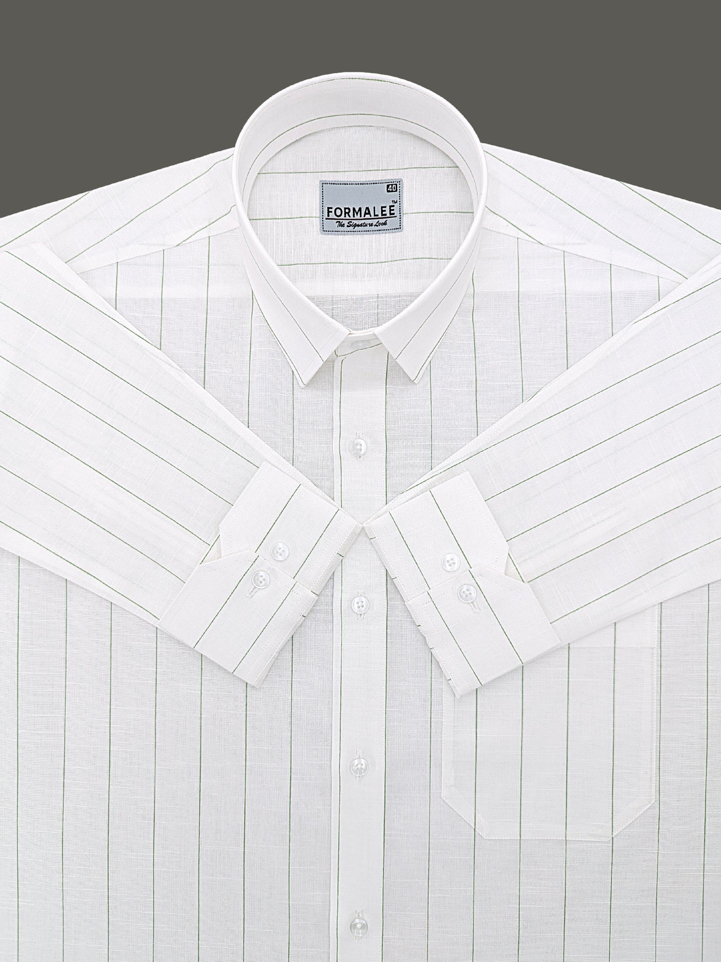 Valmont Premium Linen Cotton Dark Green Line On White Formal Shirt