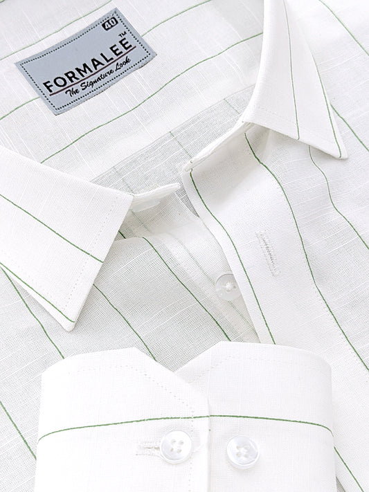 Valmont Premium Linen Cotton Dark Green Line On White Formal Shirt