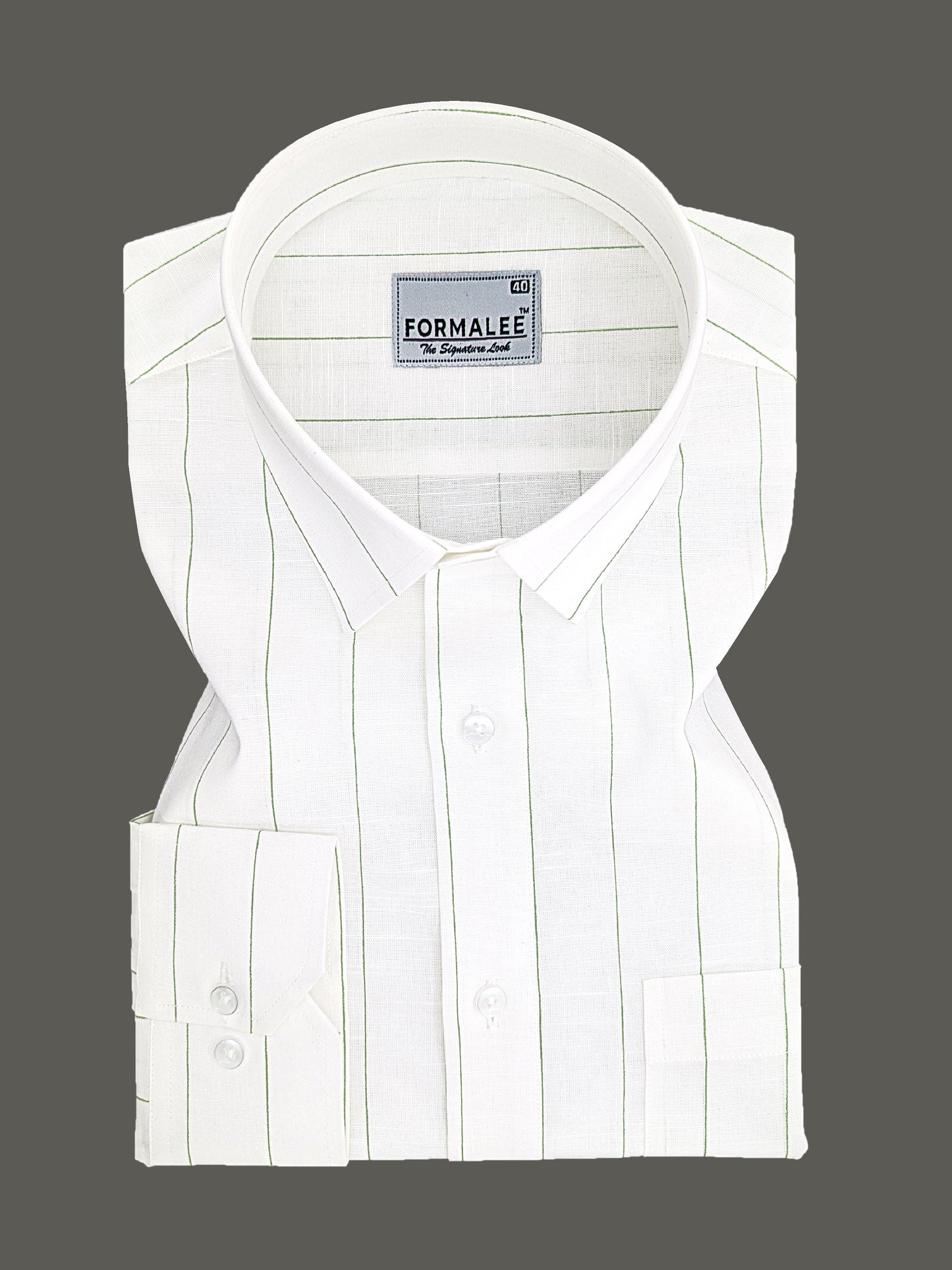 Valmont Premium Linen Cotton Dark Green Line On White Formal Shirt