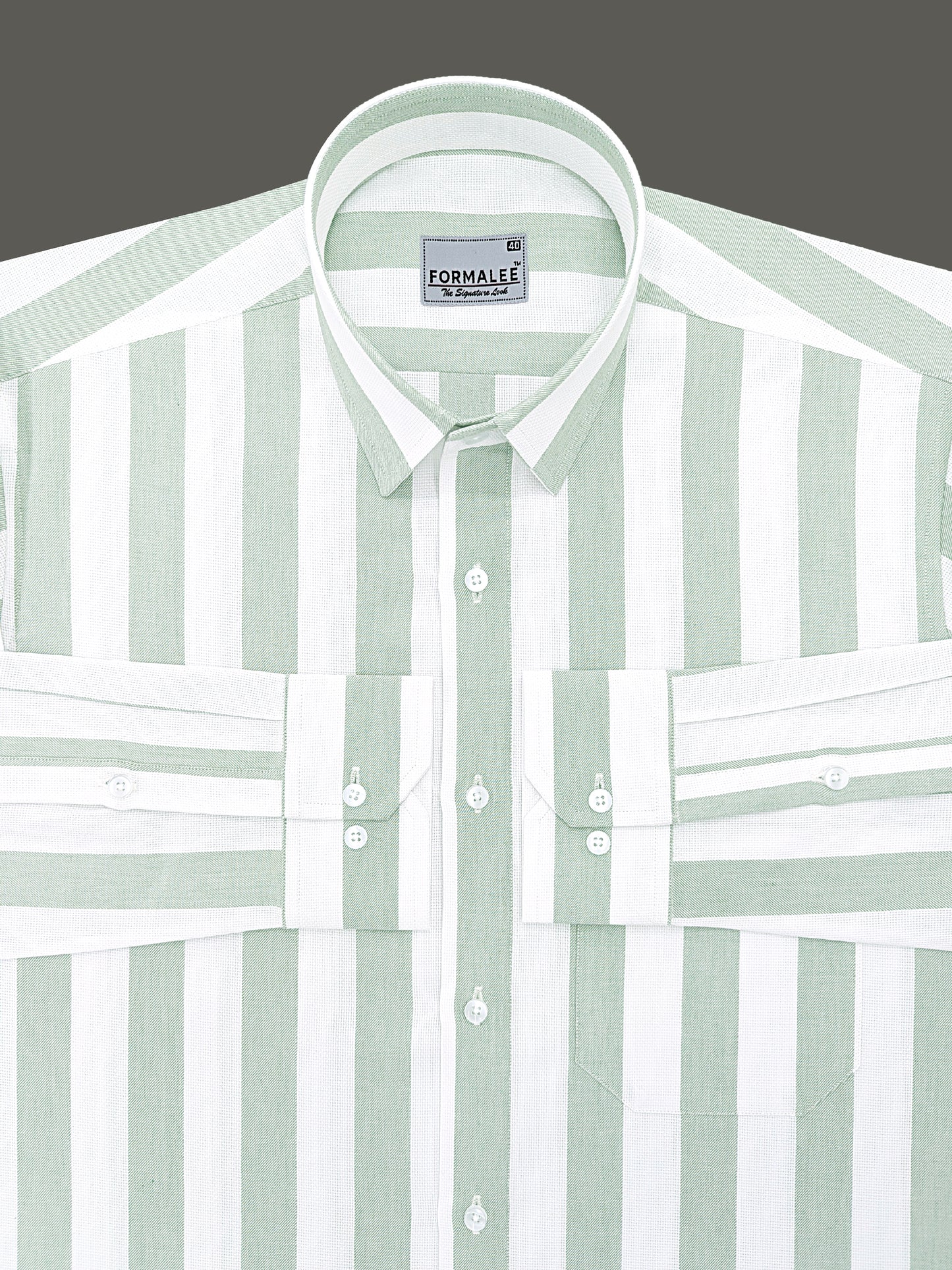 Signature Luxurious Linen Cotton Greenish Stripe On White Formal Shirt