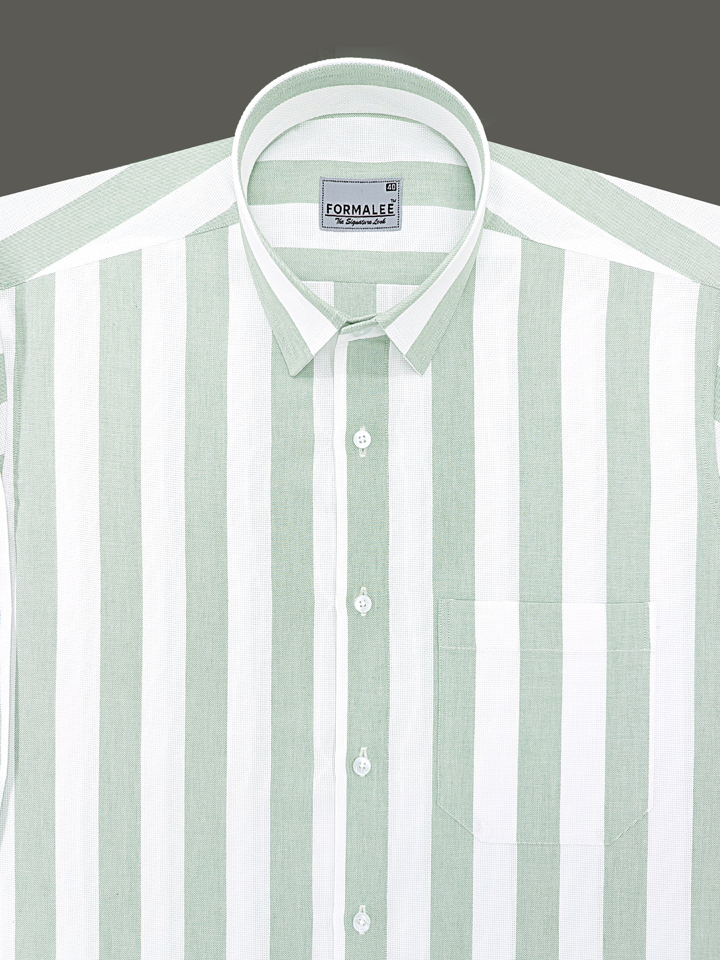 Signature Luxurious Linen Cotton Greenish Stripe On White Formal Shirt