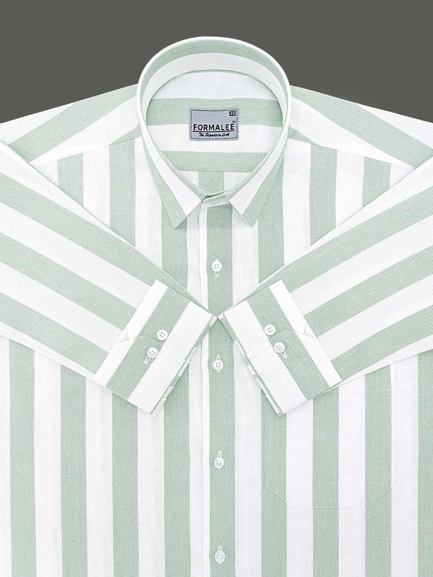 Signature Luxurious Linen Cotton Greenish Stripe On White Formal Shirt