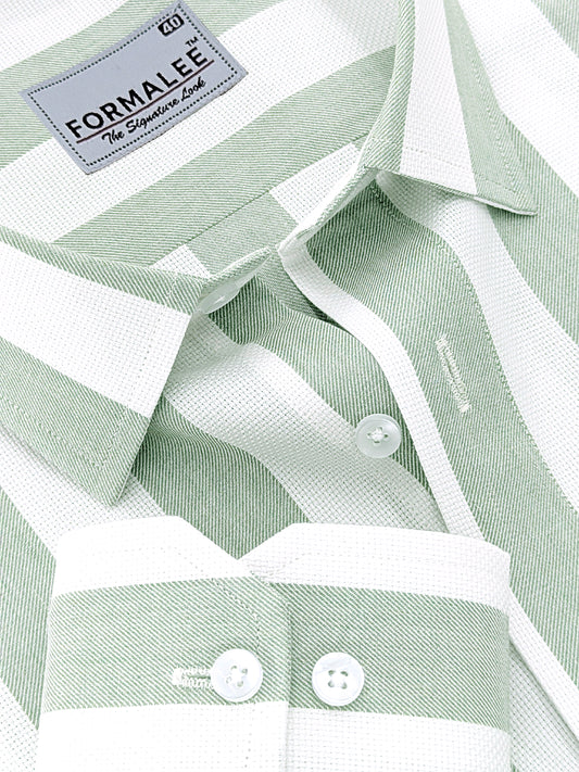 Signature Luxurious Linen Cotton Greenish Stripe On White Formal Shirt
