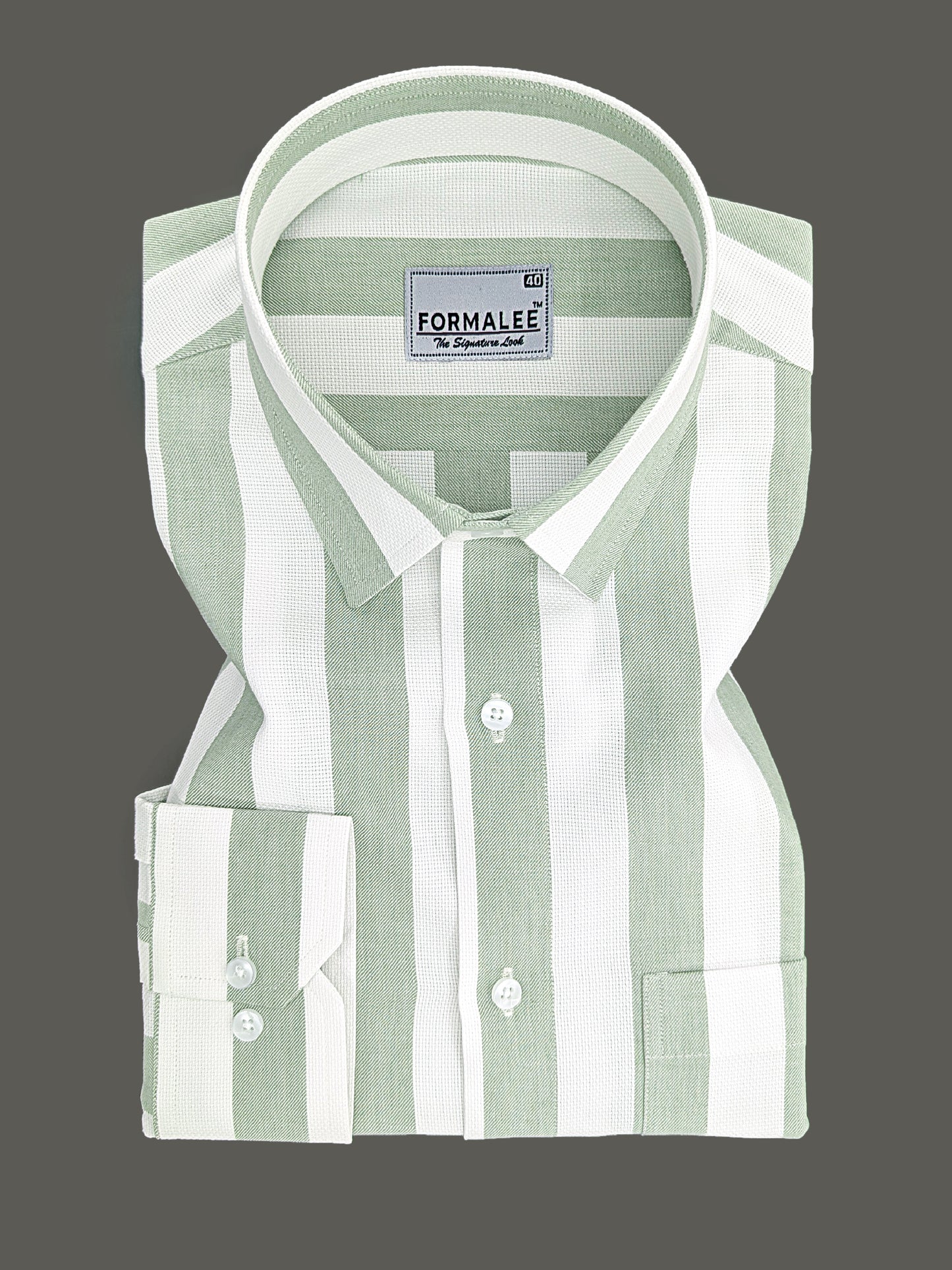 Signature Luxurious Linen Cotton Greenish Stripe On White Formal Shirt