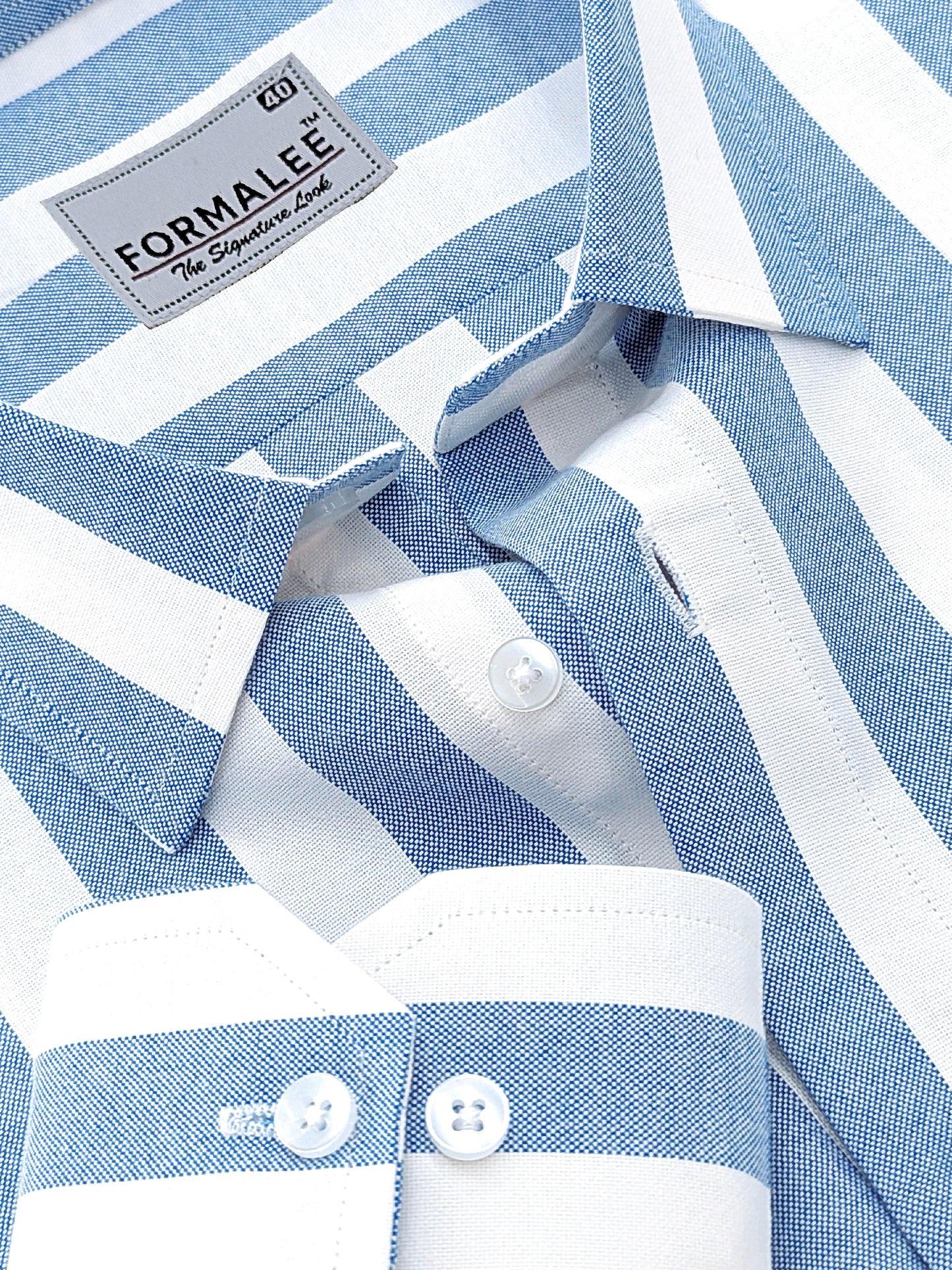 Signature Premium Cotton Bluish Stripe On White Formal Shirt