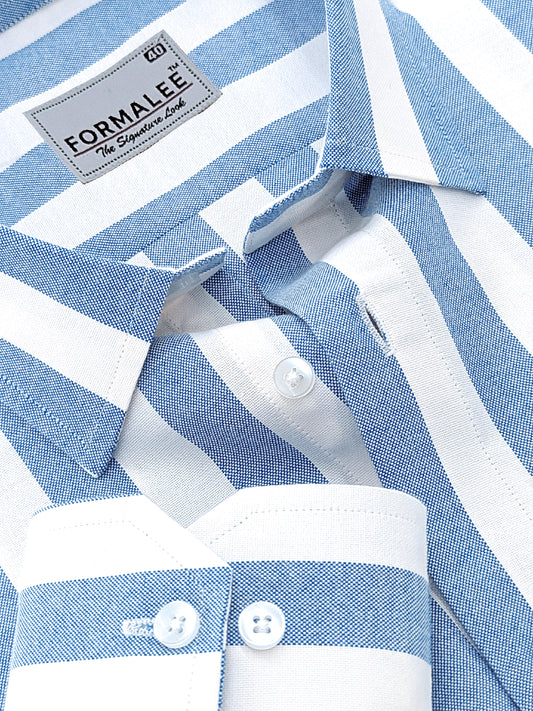 Signature Premium Cotton Bluish Stripe On White Formal Shirt
