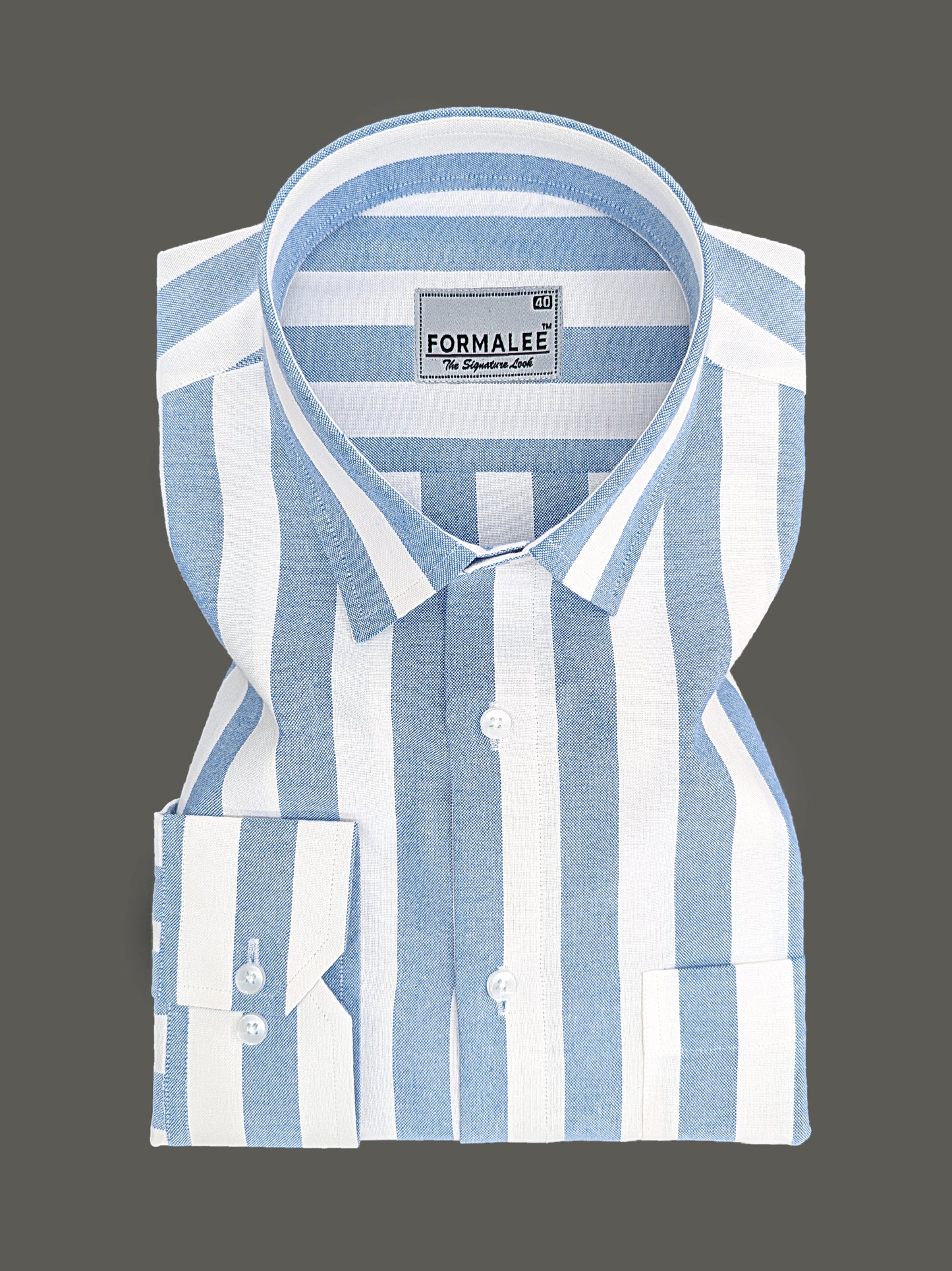 Signature Premium Cotton Bluish Stripe On White Formal Shirt