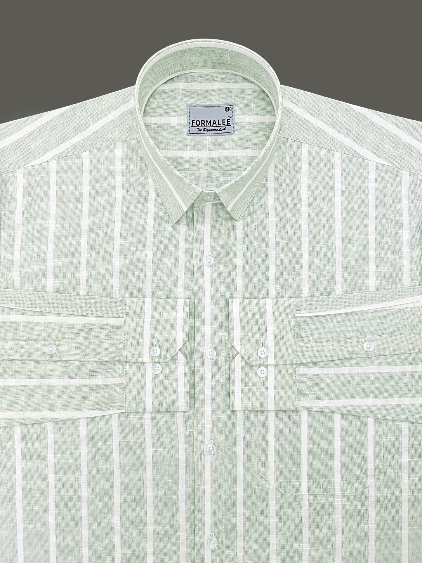 Monarchial Premium Linen Cotton White Line On Slate Green Formal Shirt
