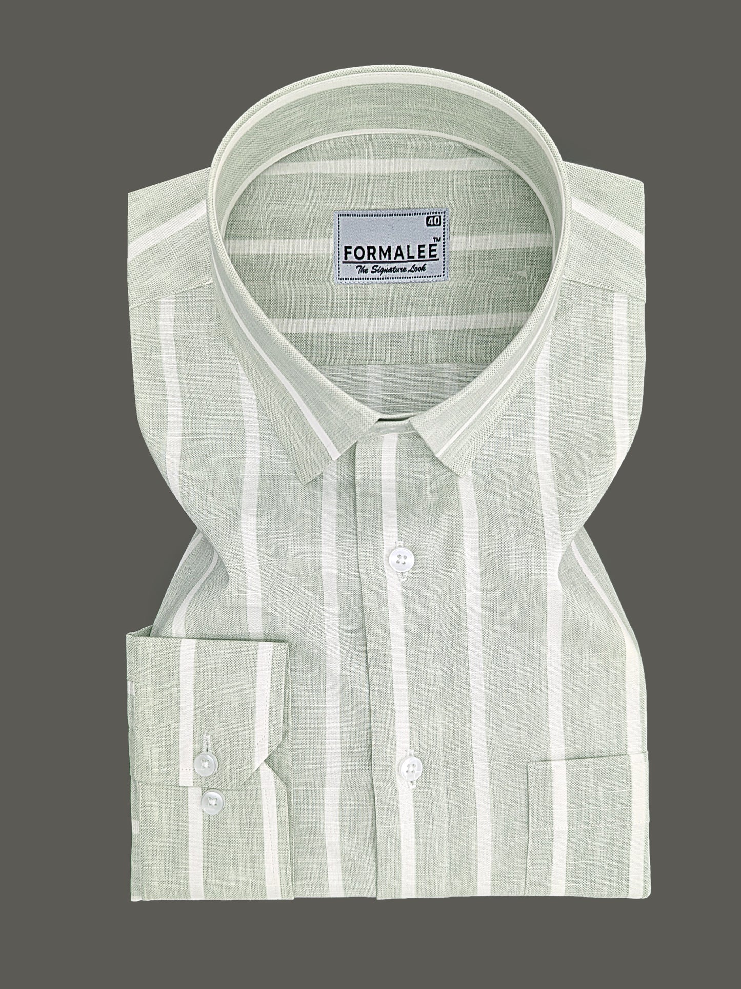 Monarchial Premium Linen Cotton White Line On Slate Green Formal Shirt