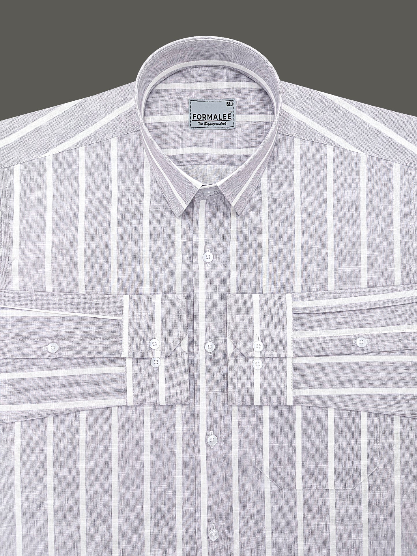 Monarchial Premium Linen Cotton White Line On Light Grey Formal Shirt