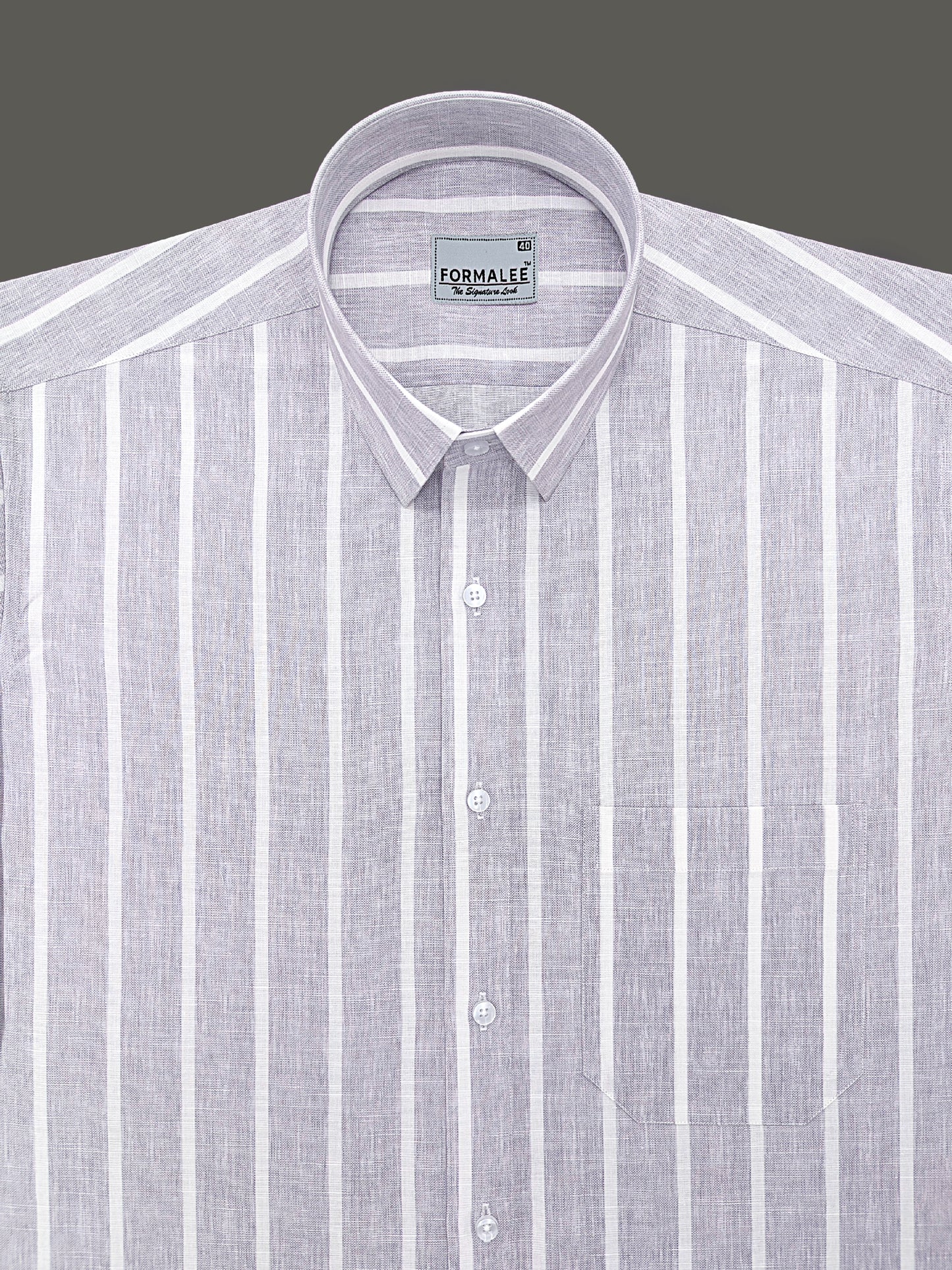 Monarchial Premium Linen Cotton White Line On Light Grey Formal Shirt