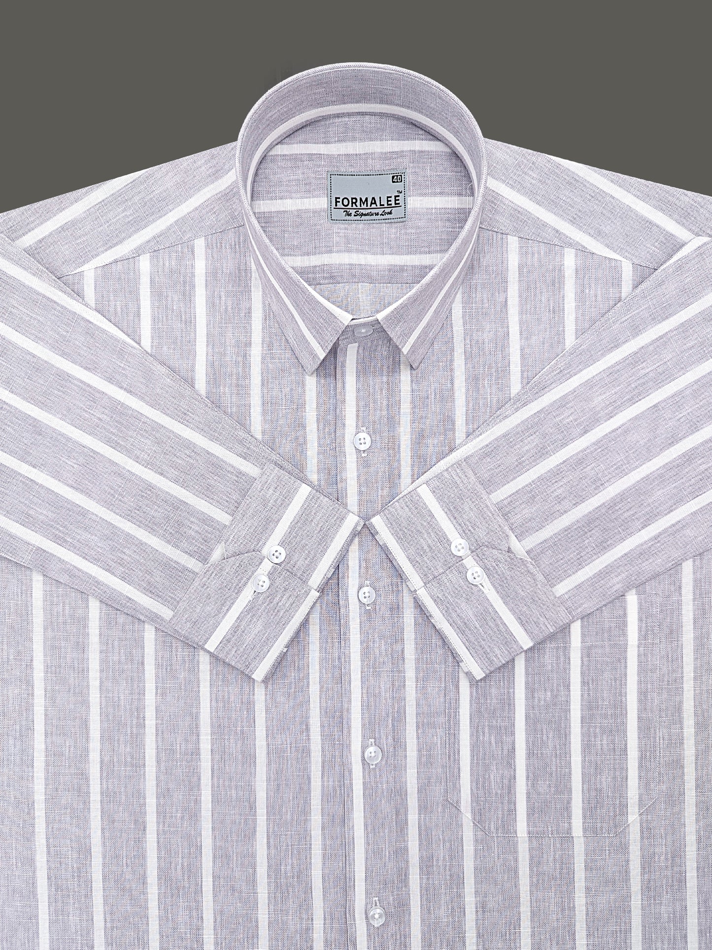 Monarchial Premium Linen Cotton White Line On Light Grey Formal Shirt