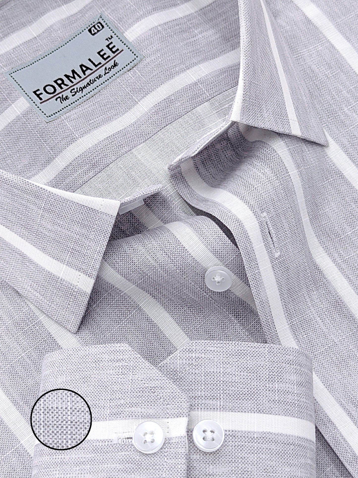 Monarchial Premium Linen Cotton White Line On Light Grey Formal Shirt