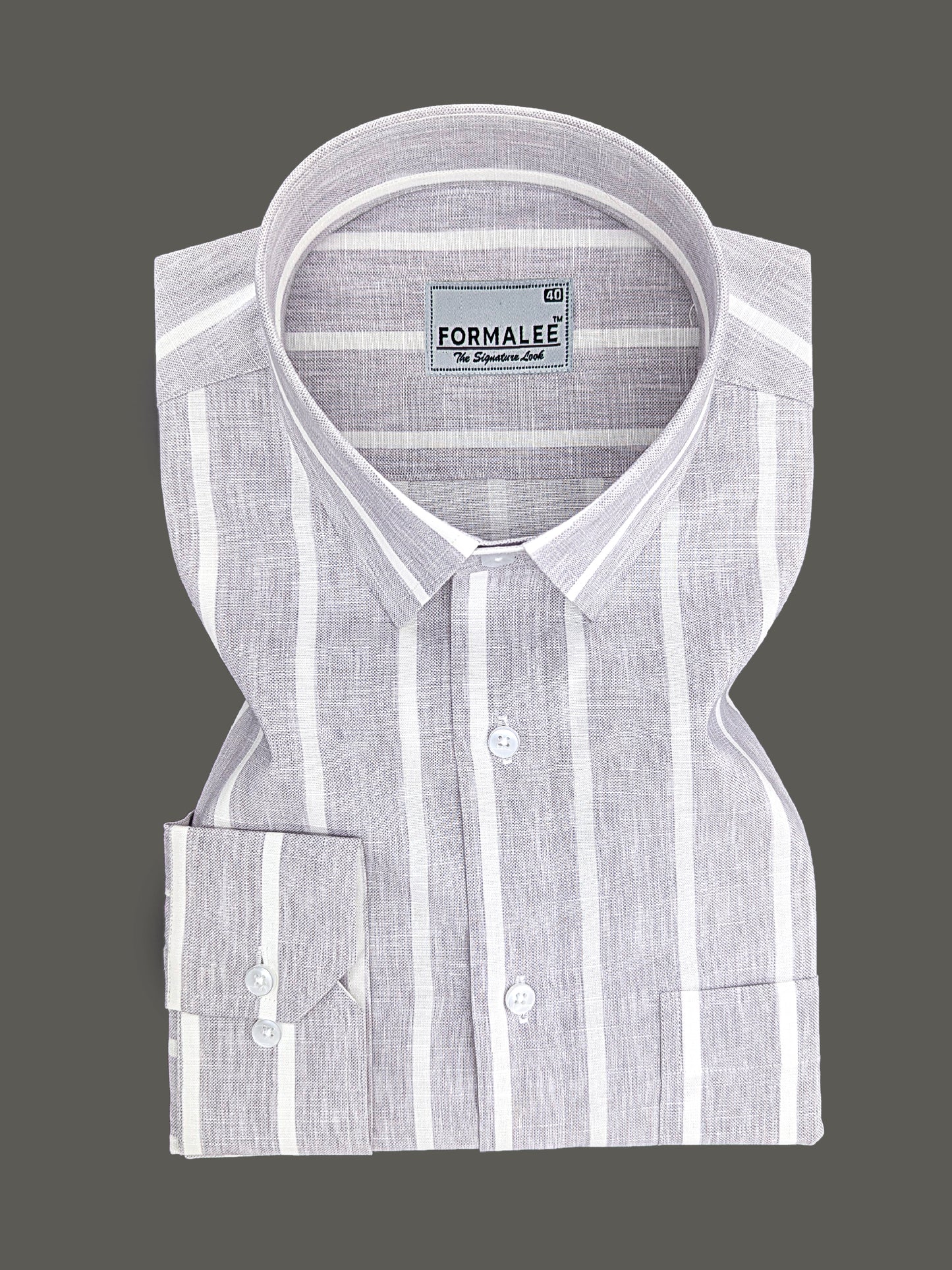 Monarchial Premium Linen Cotton White Line On Light Grey Formal Shirt