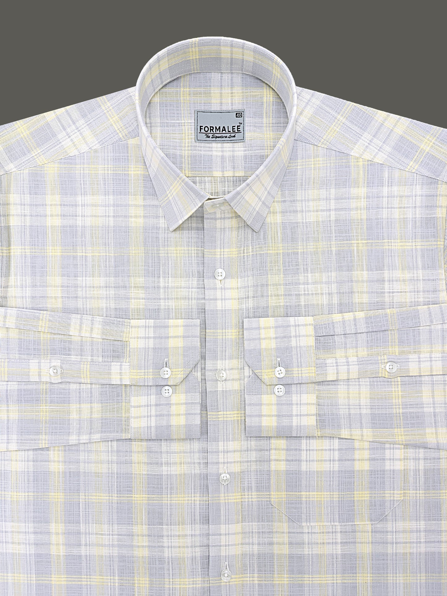 Venezia Luxurious French Linen Light Yellow With Grey Checks Formal Shirt