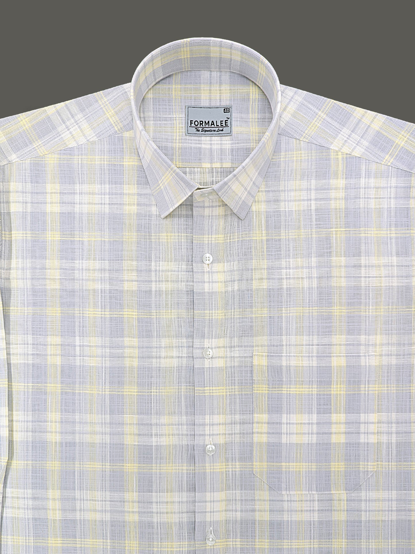 Venezia Luxurious French Linen Light Yellow With Grey Checks Formal Shirt
