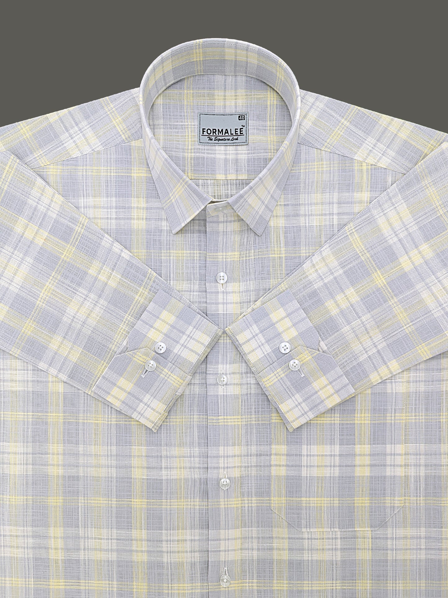Venezia Luxurious French Linen Light Yellow With Grey Checks Formal Shirt