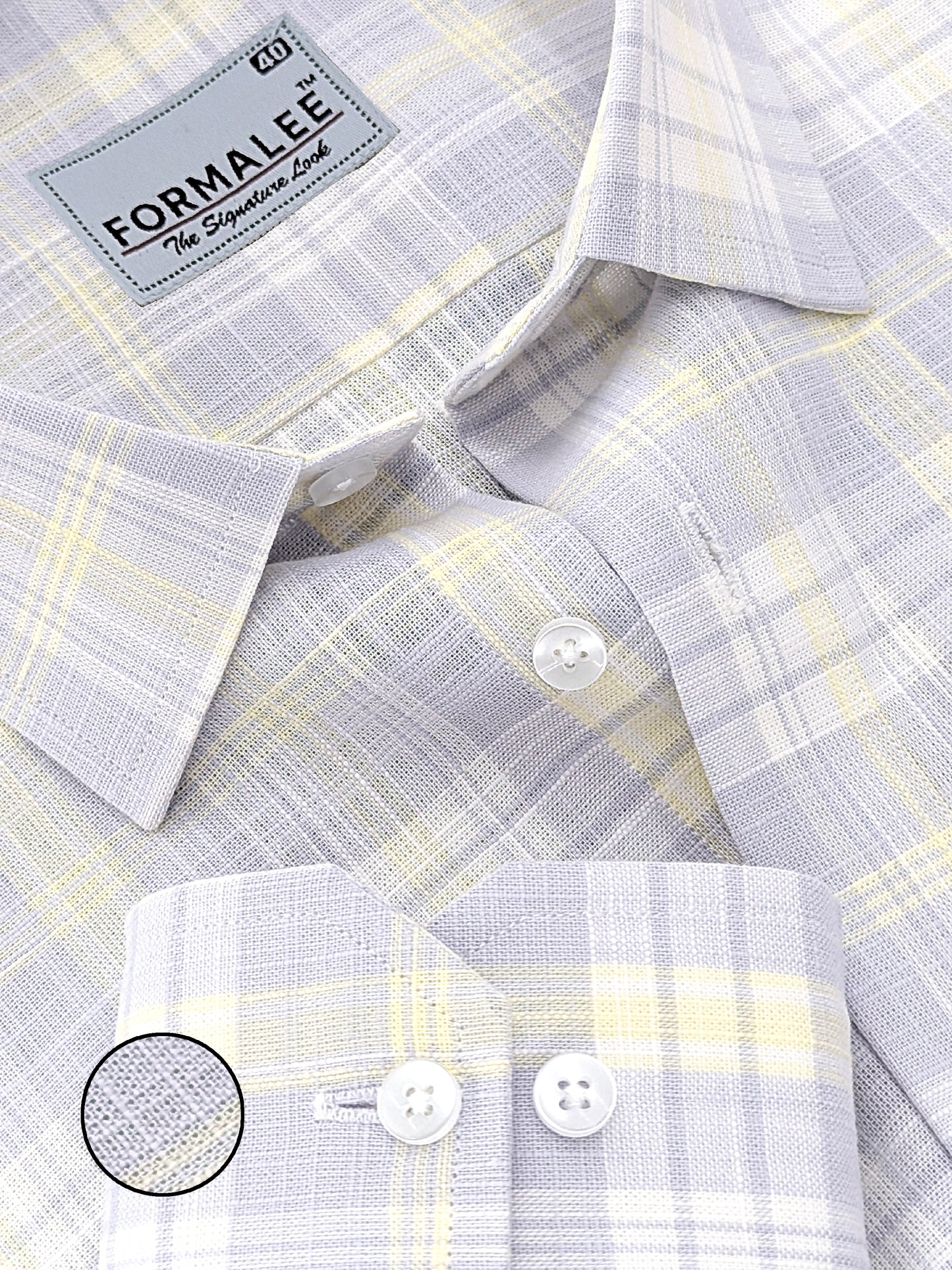 Venezia Luxurious French Linen Light Yellow With Grey Checks Formal Shirt