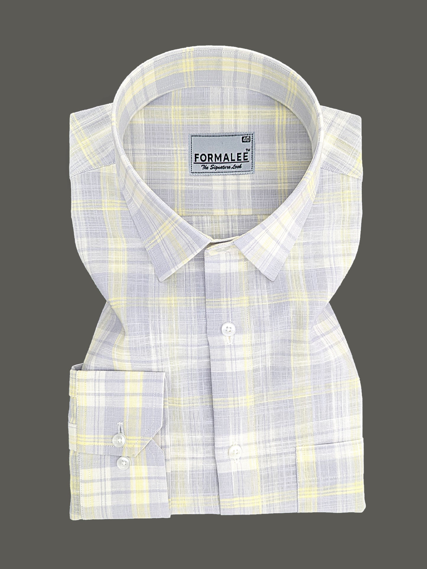 Venezia Luxurious French Linen Light Yellow With Grey Checks Formal Shirt
