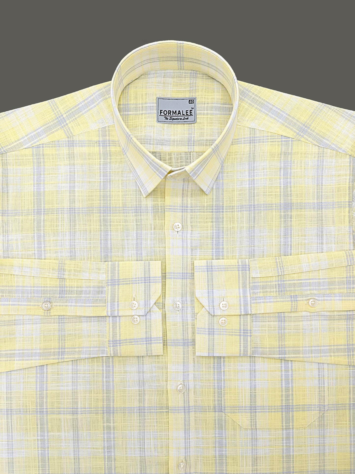 Venezia Luxurious French Linen Grey Checks On Lightish Yellow Formal Shirt