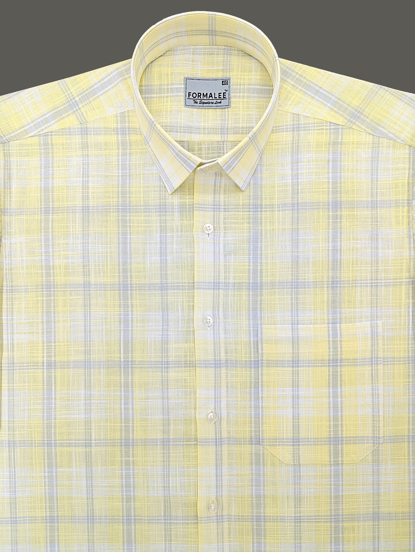 Venezia Luxurious French Linen Grey Checks On Lightish Yellow Formal Shirt