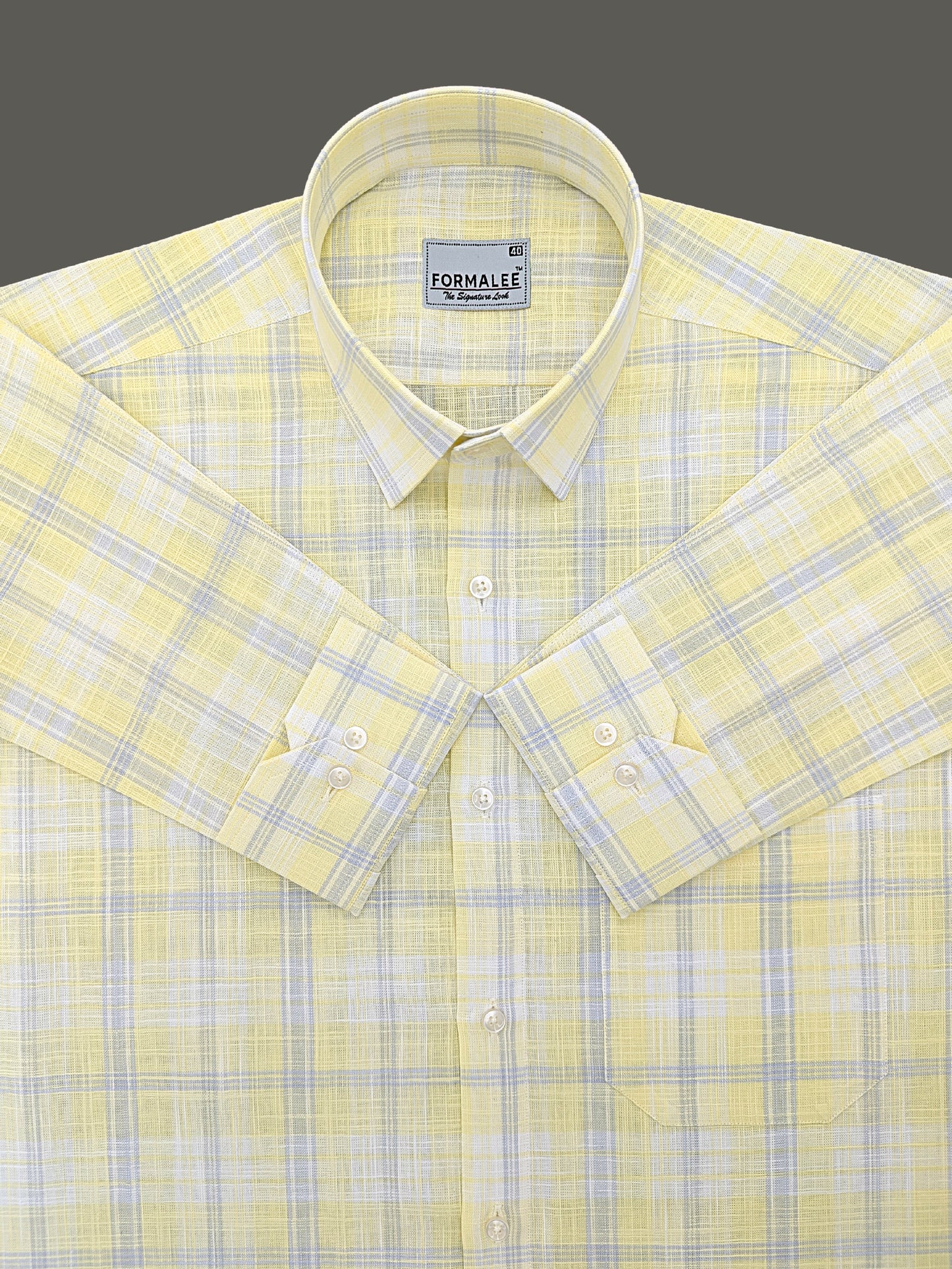 Venezia Luxurious French Linen Grey Checks On Lightish Yellow Formal Shirt