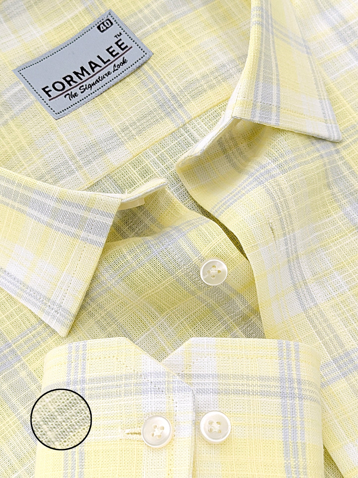 Venezia Luxurious French Linen Grey Checks On Lightish Yellow Formal Shirt