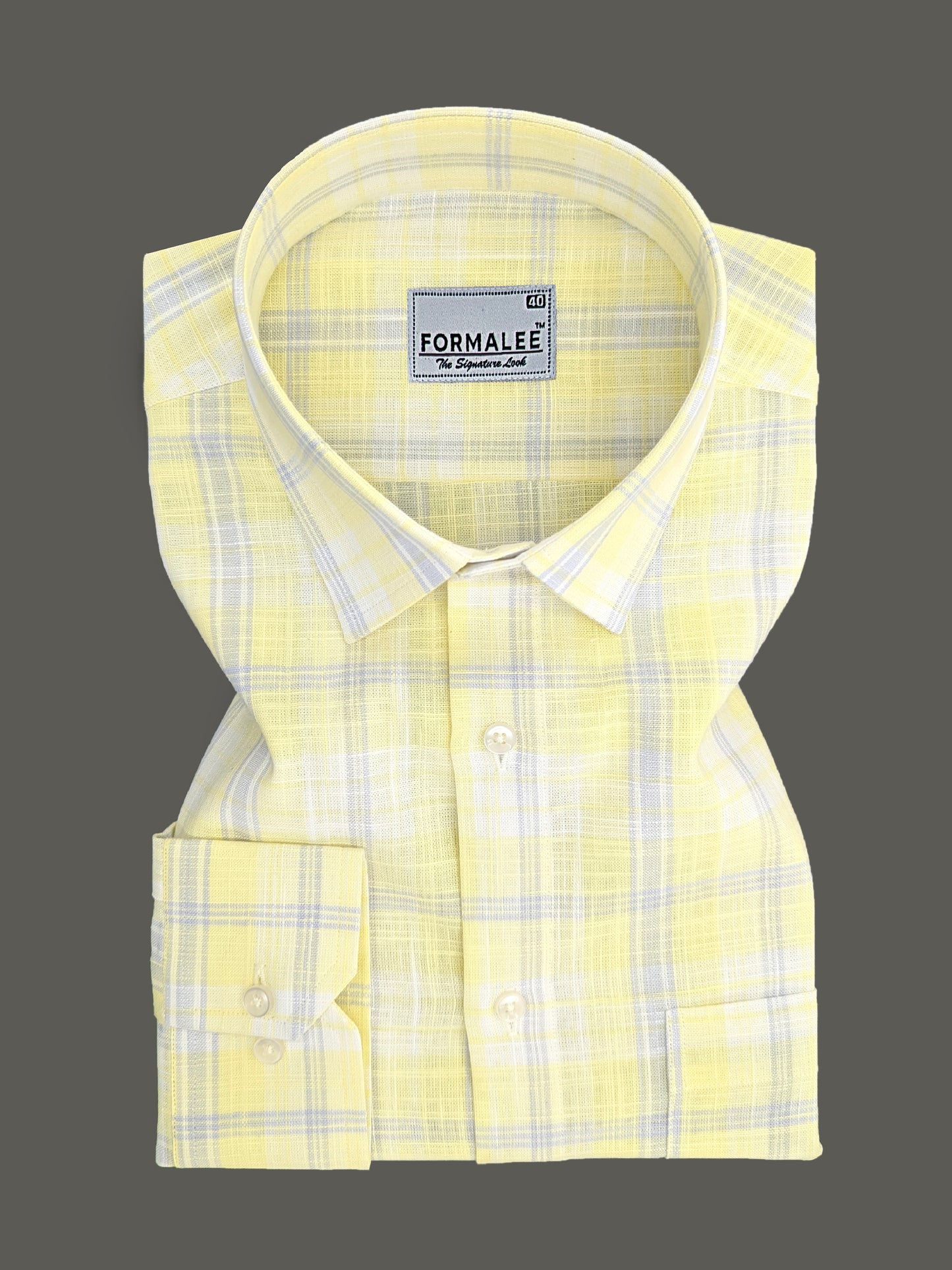 Venezia Luxurious French Linen Grey Checks On Lightish Yellow Formal Shirt