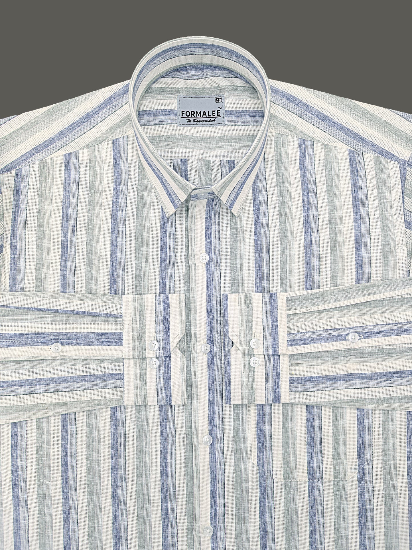 Aurelius Premium Linen Cotton Navy With Sage Green Stripe Formal Shirt